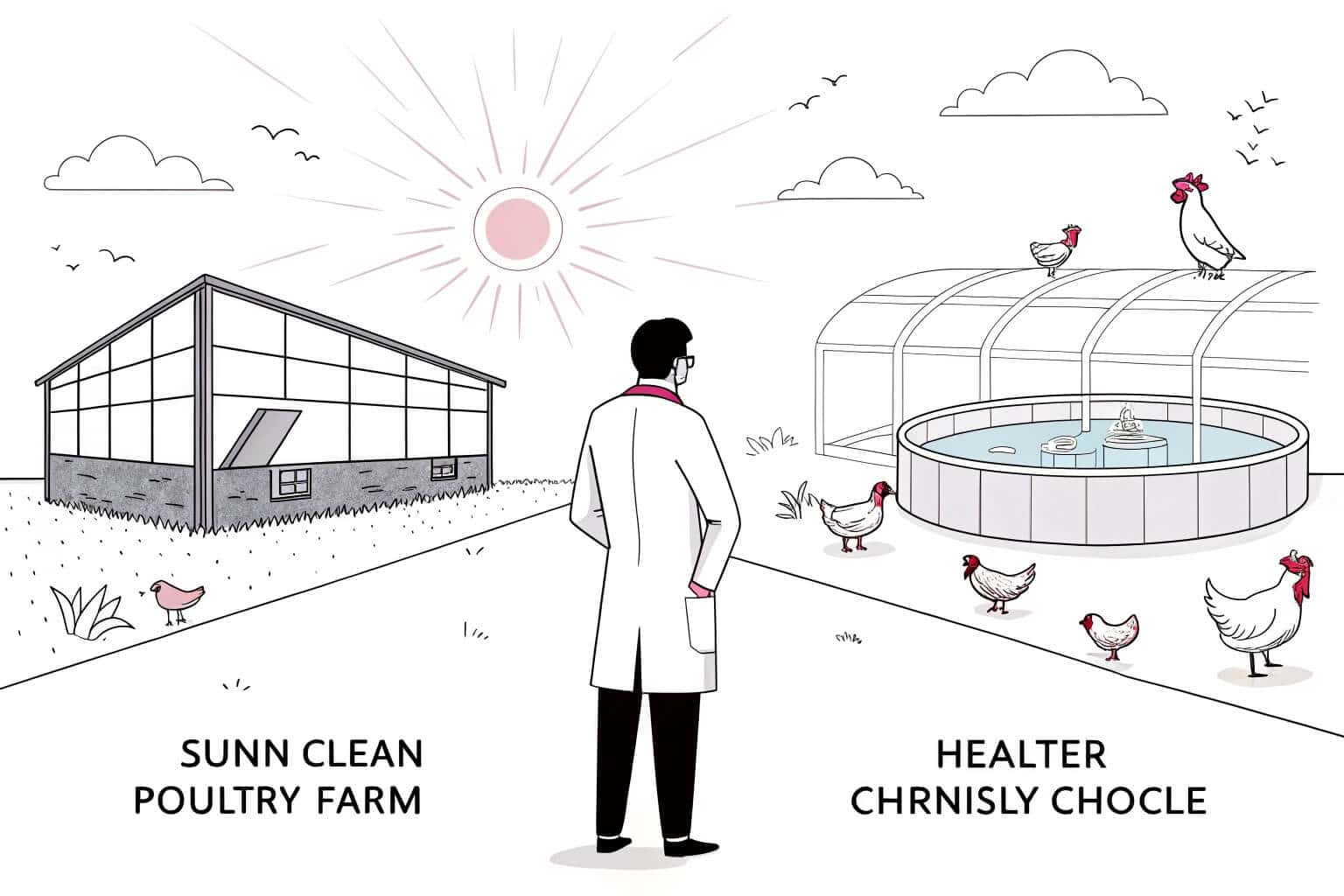 A farmer comparing chickens and fish