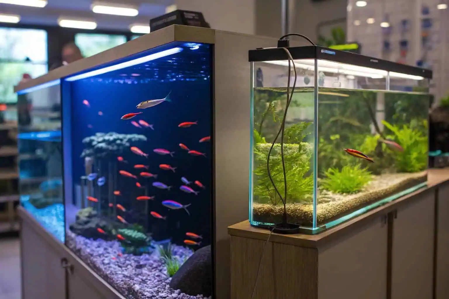 A beautiful school of neon tetra fish in a well-planted aquarium