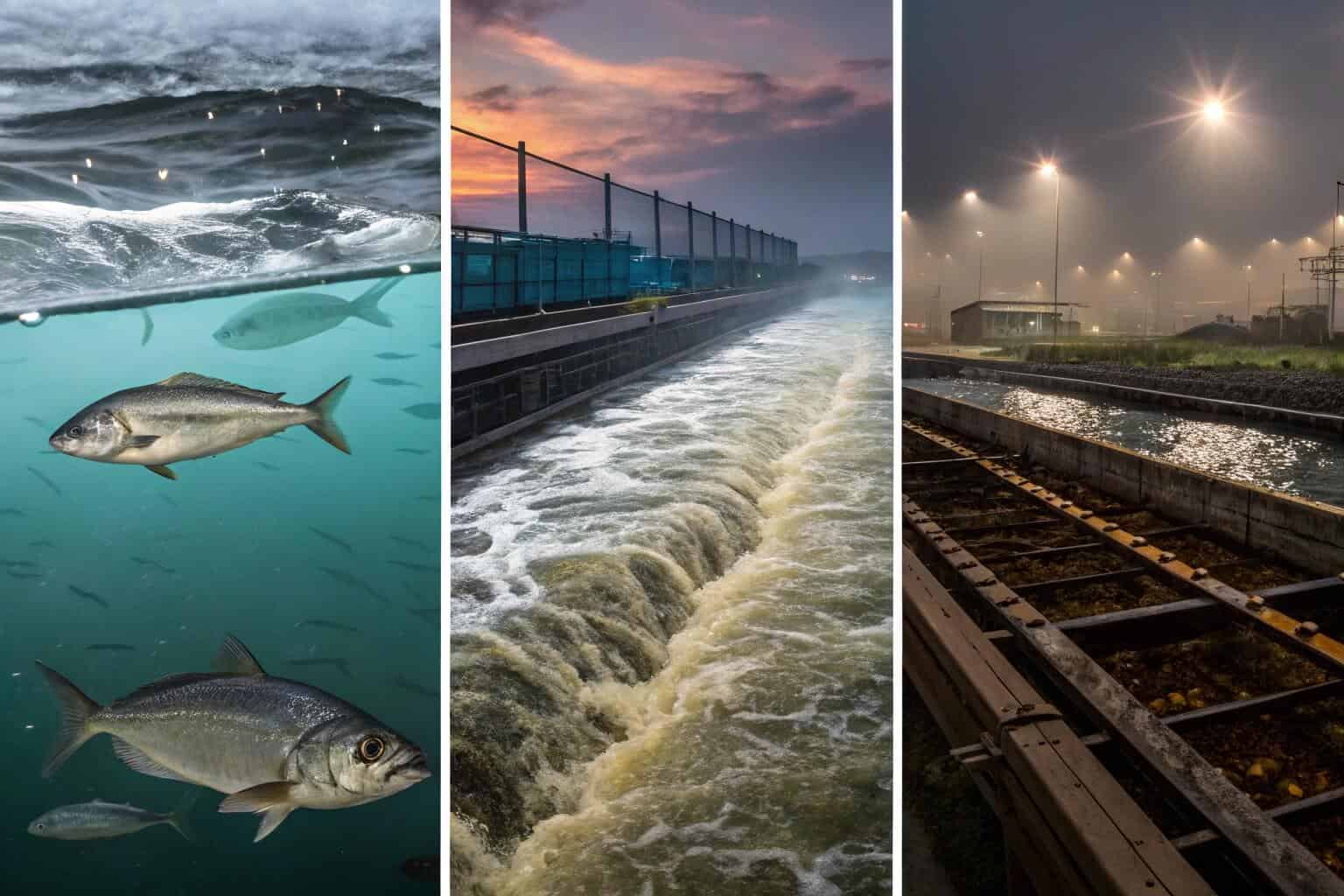 A collage of images showing polluted water, crowded fish pens, and a person looking concerned at a fish market.