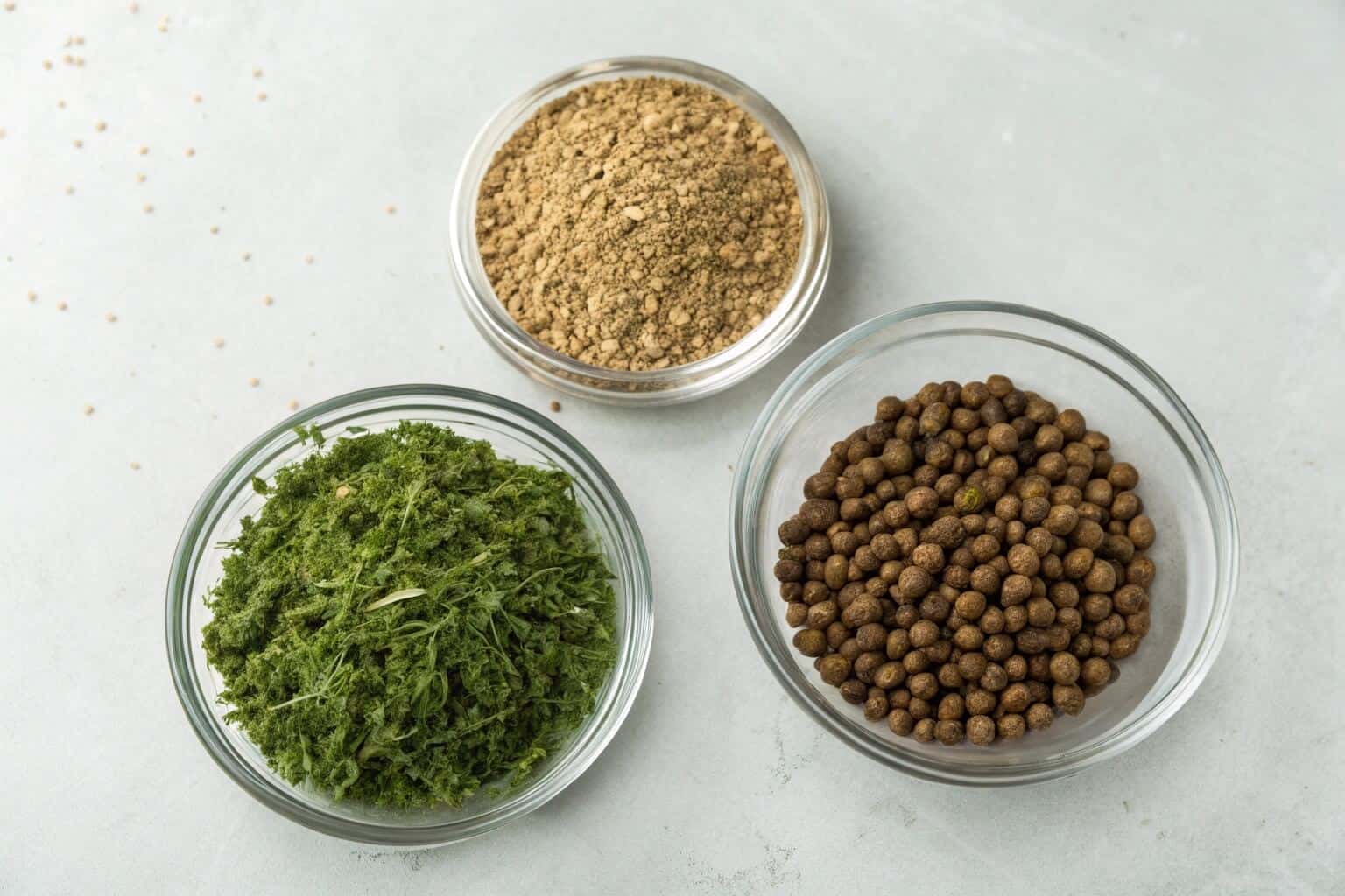 Different types of fish feed in containers