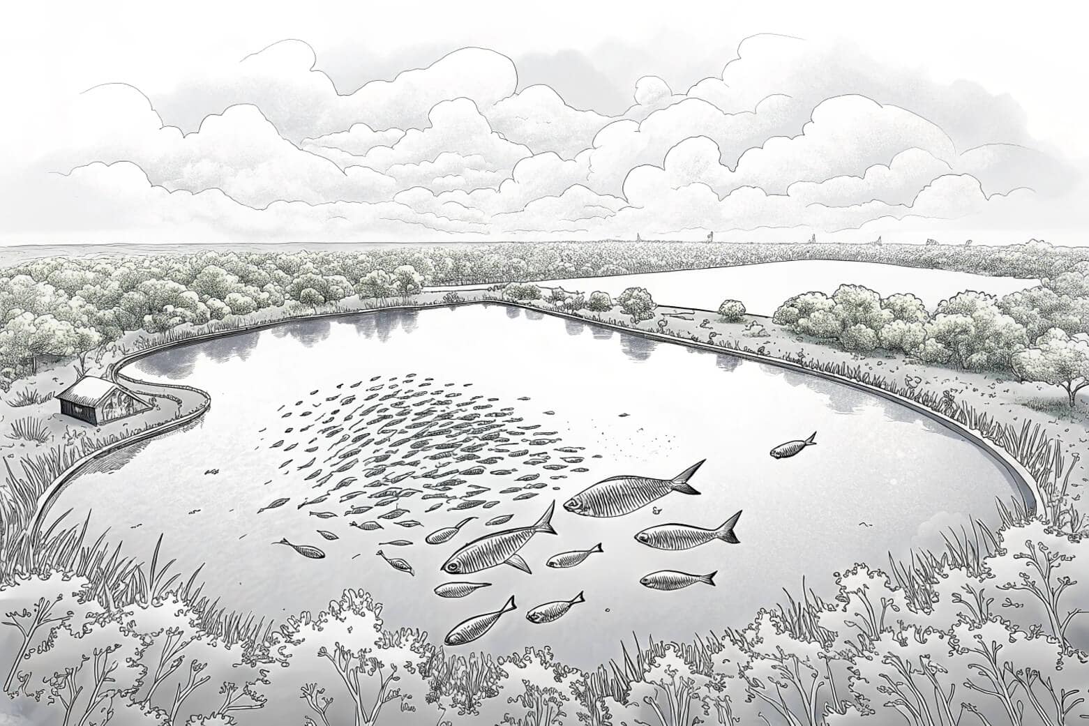 A dense school of fish swimming in a pond