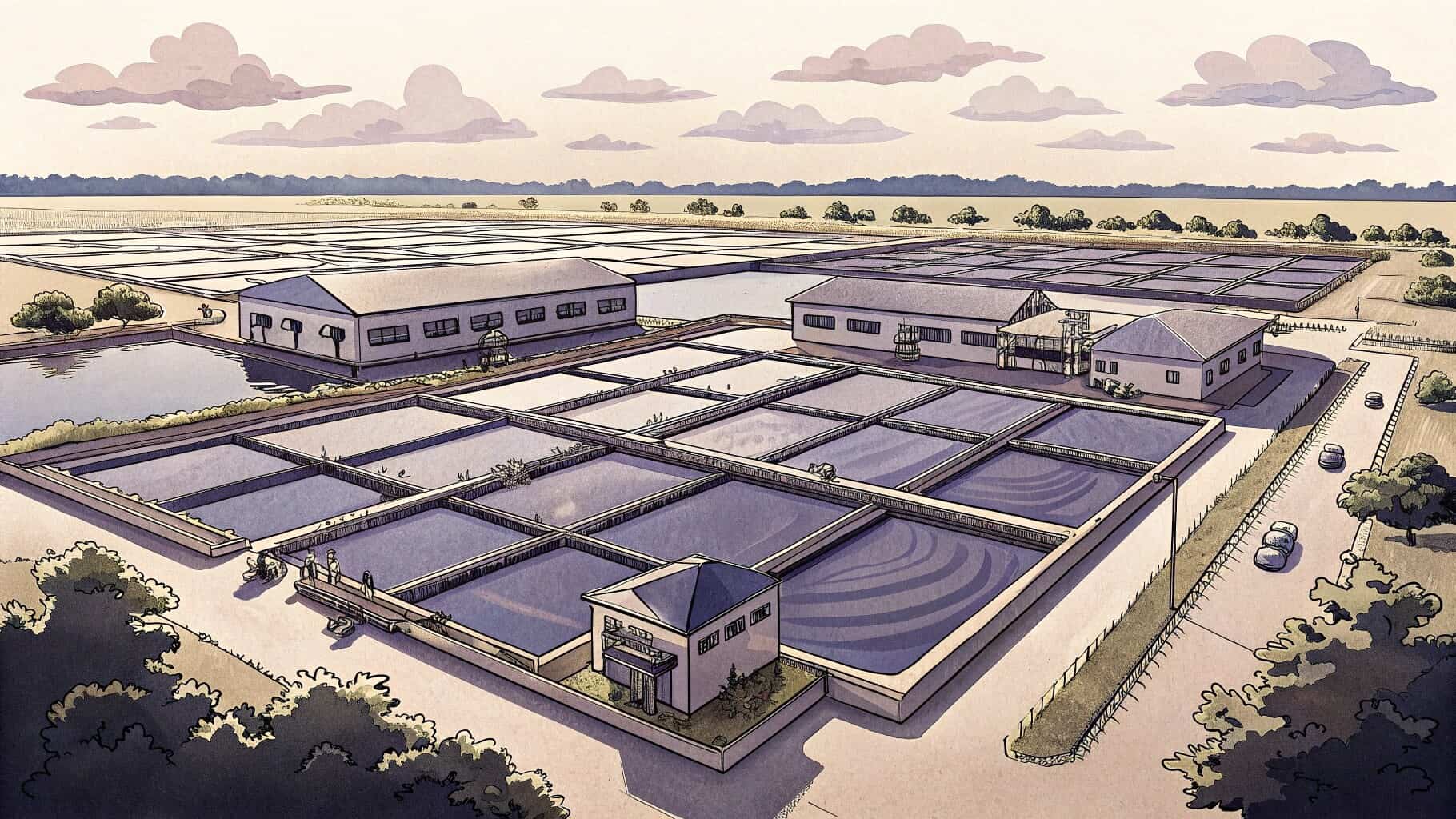 Aerial view of an organized aquaculture park with multiple ponds