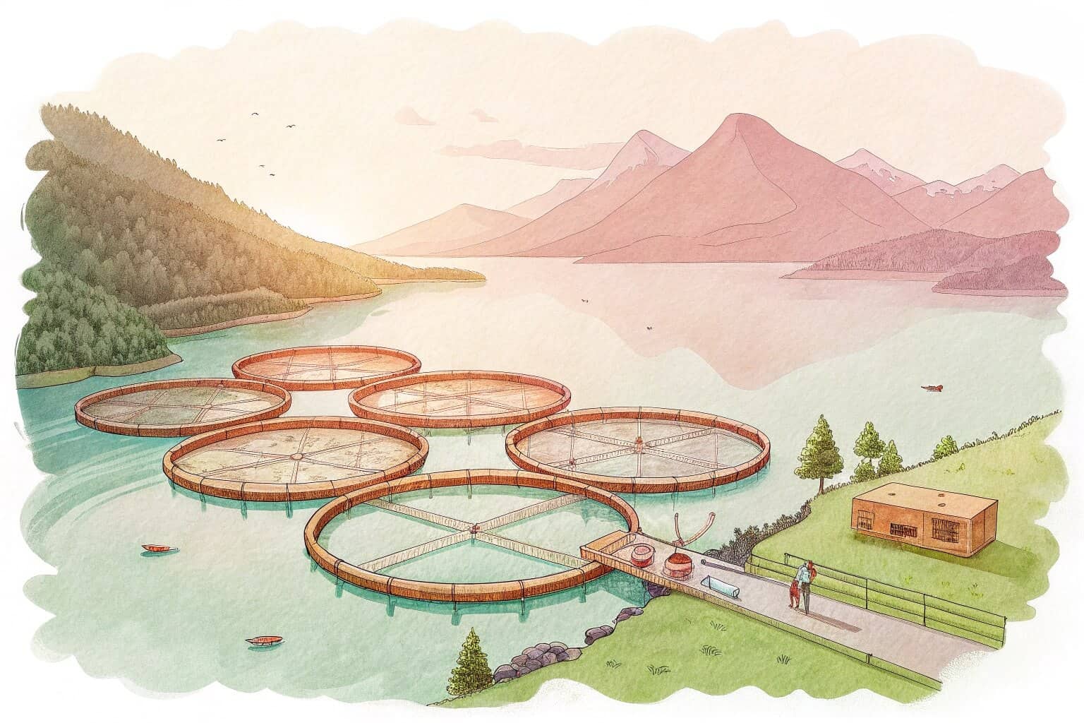 An aerial view of large circular salmon farms