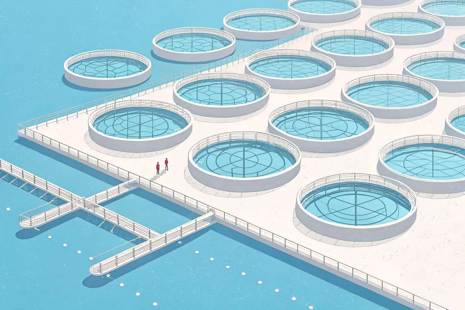 A large, modern tilapia farm with circular tanks