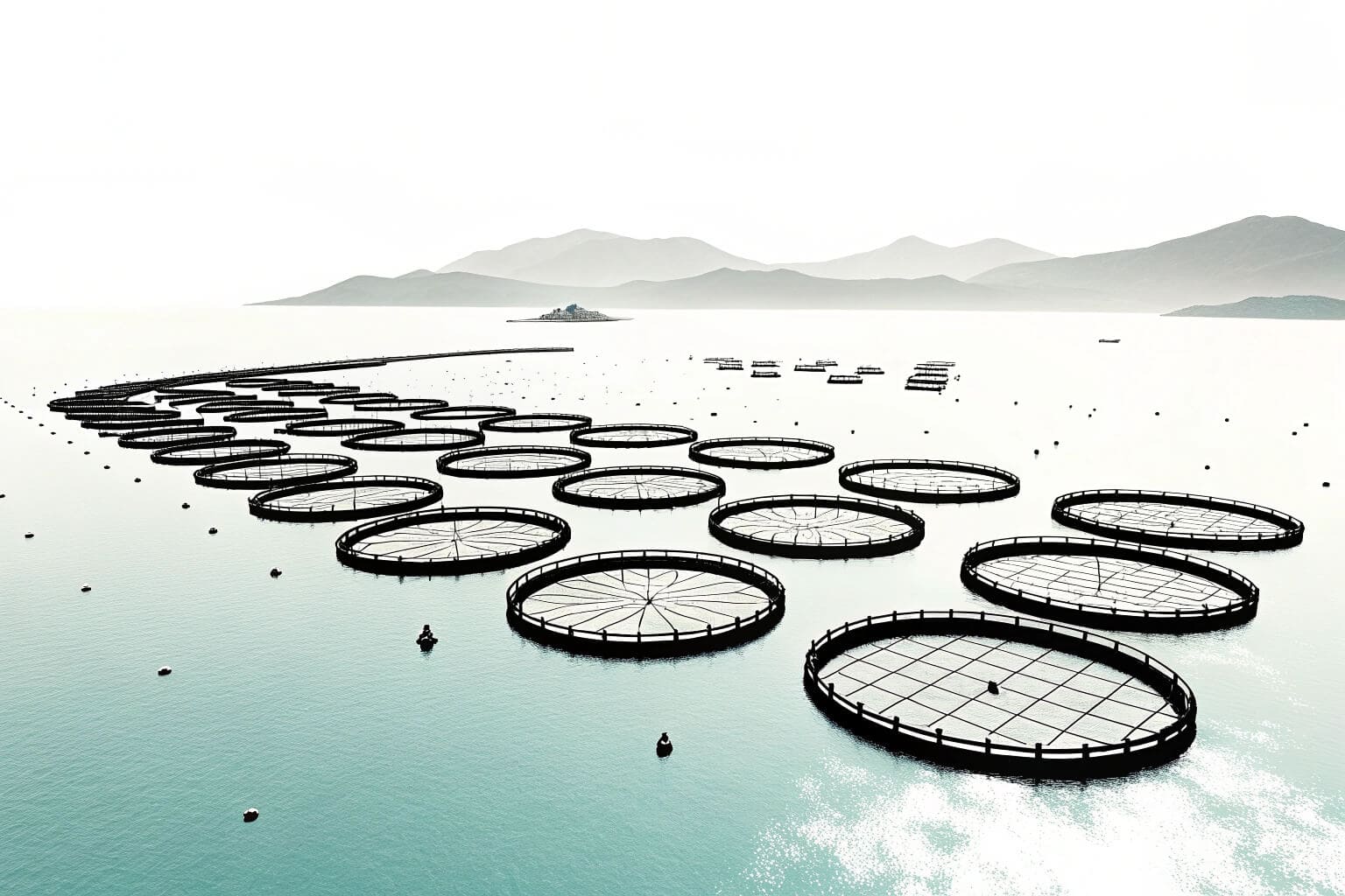 An aerial view of a large-scale aquaculture farm