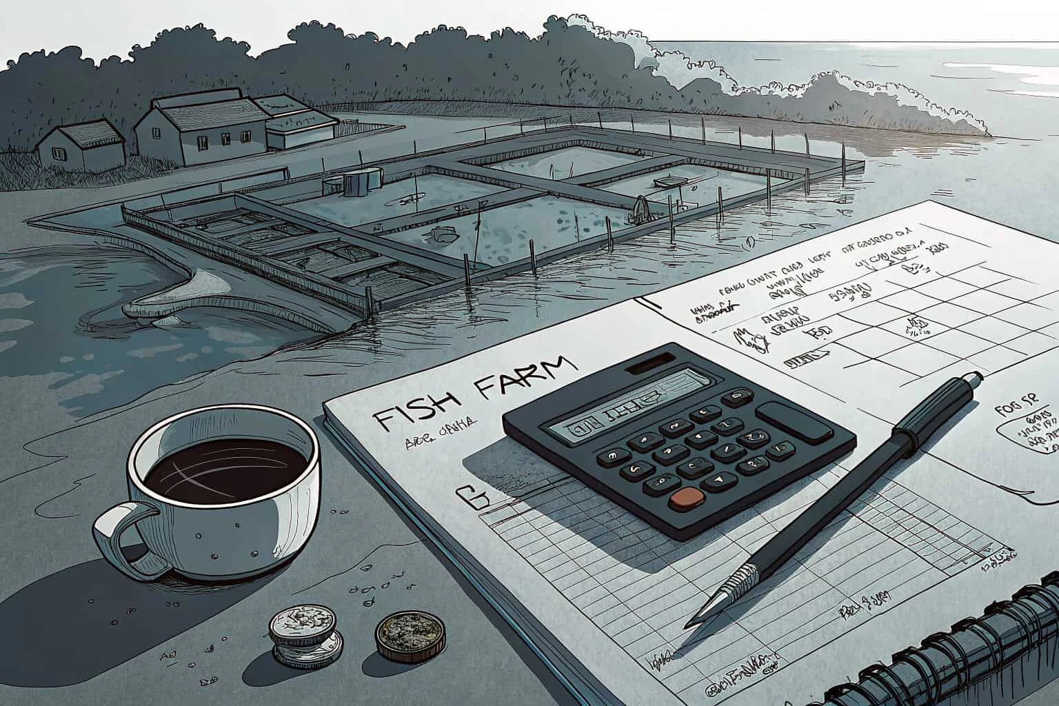 A calculator and blueprints for a fish farm