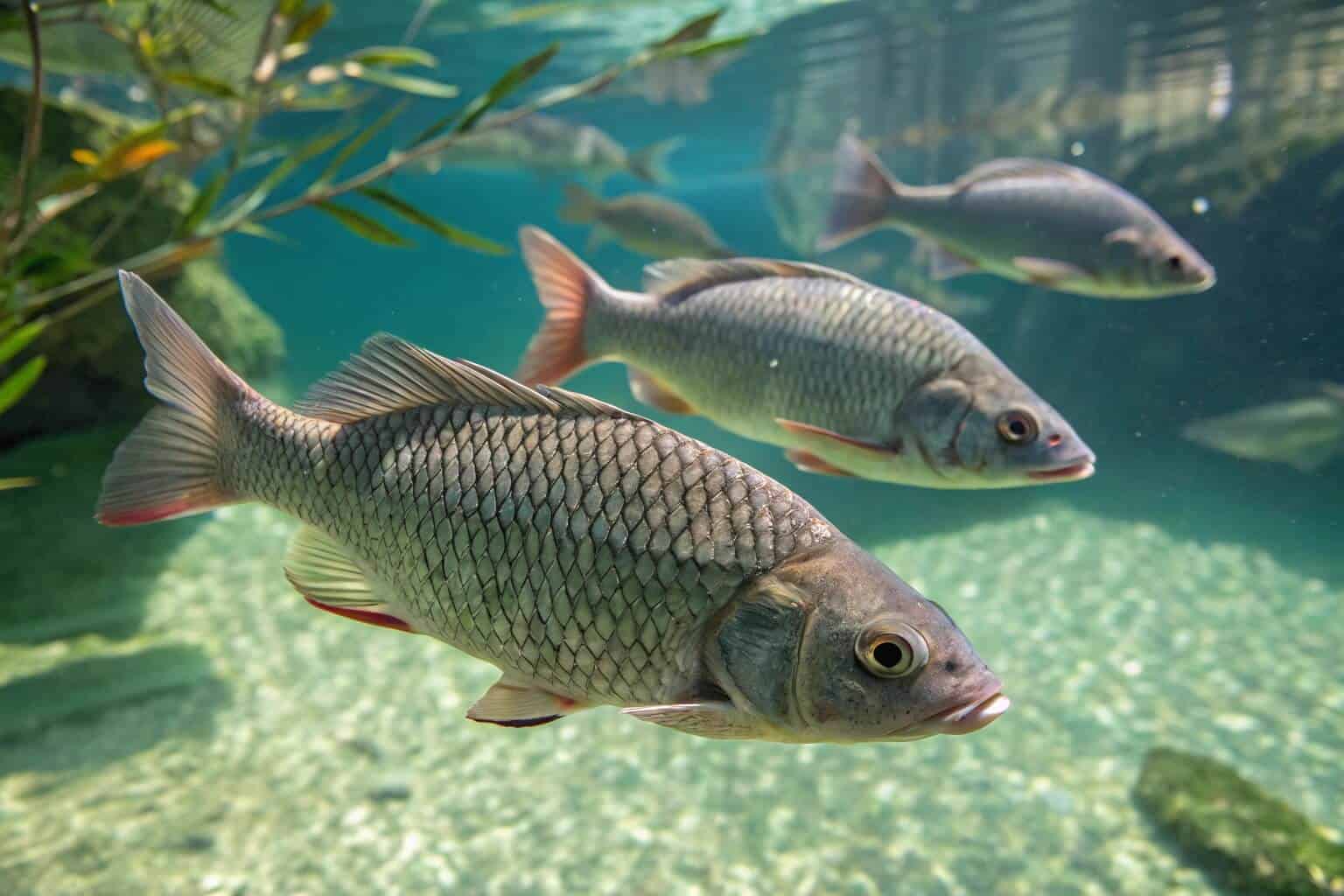 A close-up of several healthy Tilapia swimming in a home pond