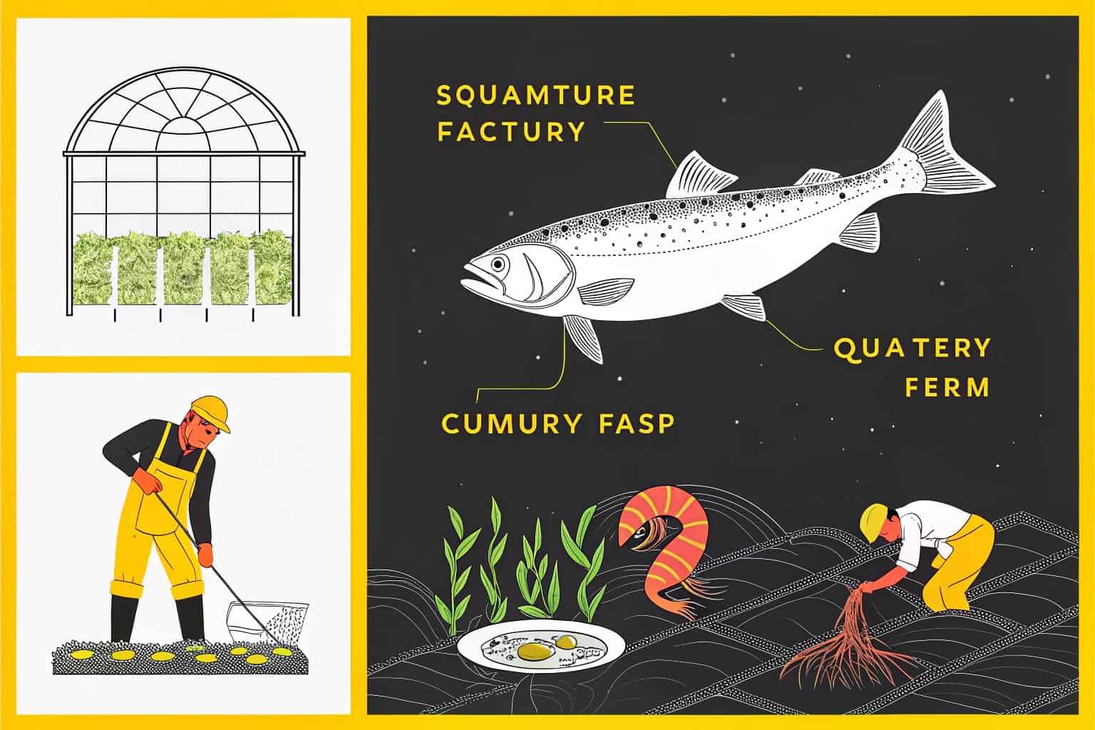 A collage of different aquaculture activities: fish, shrimp, and seaweed farming