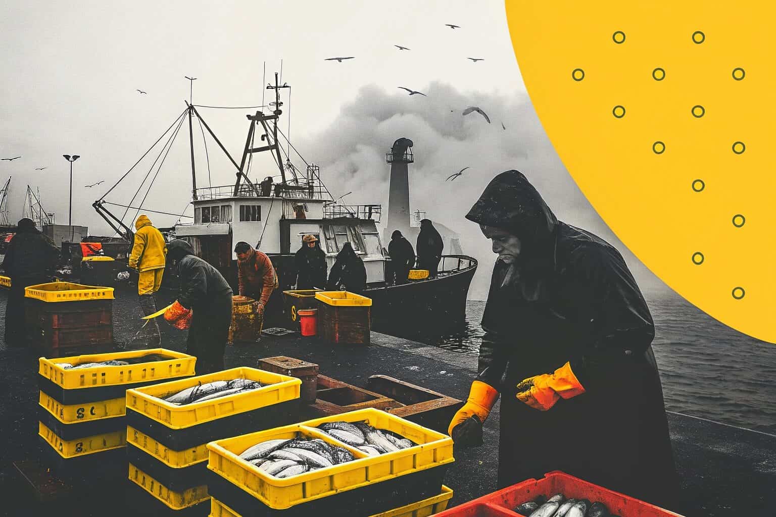 A bustling fish market with fishermen unloading their catch