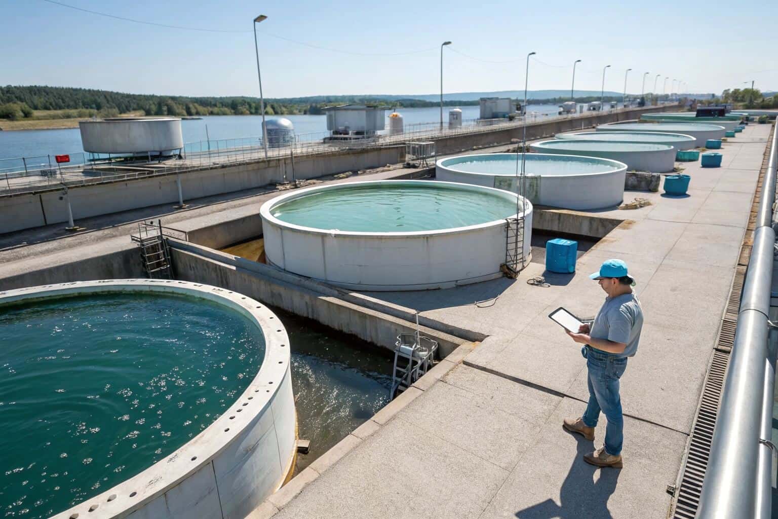 A well-maintained fish farm with clear water