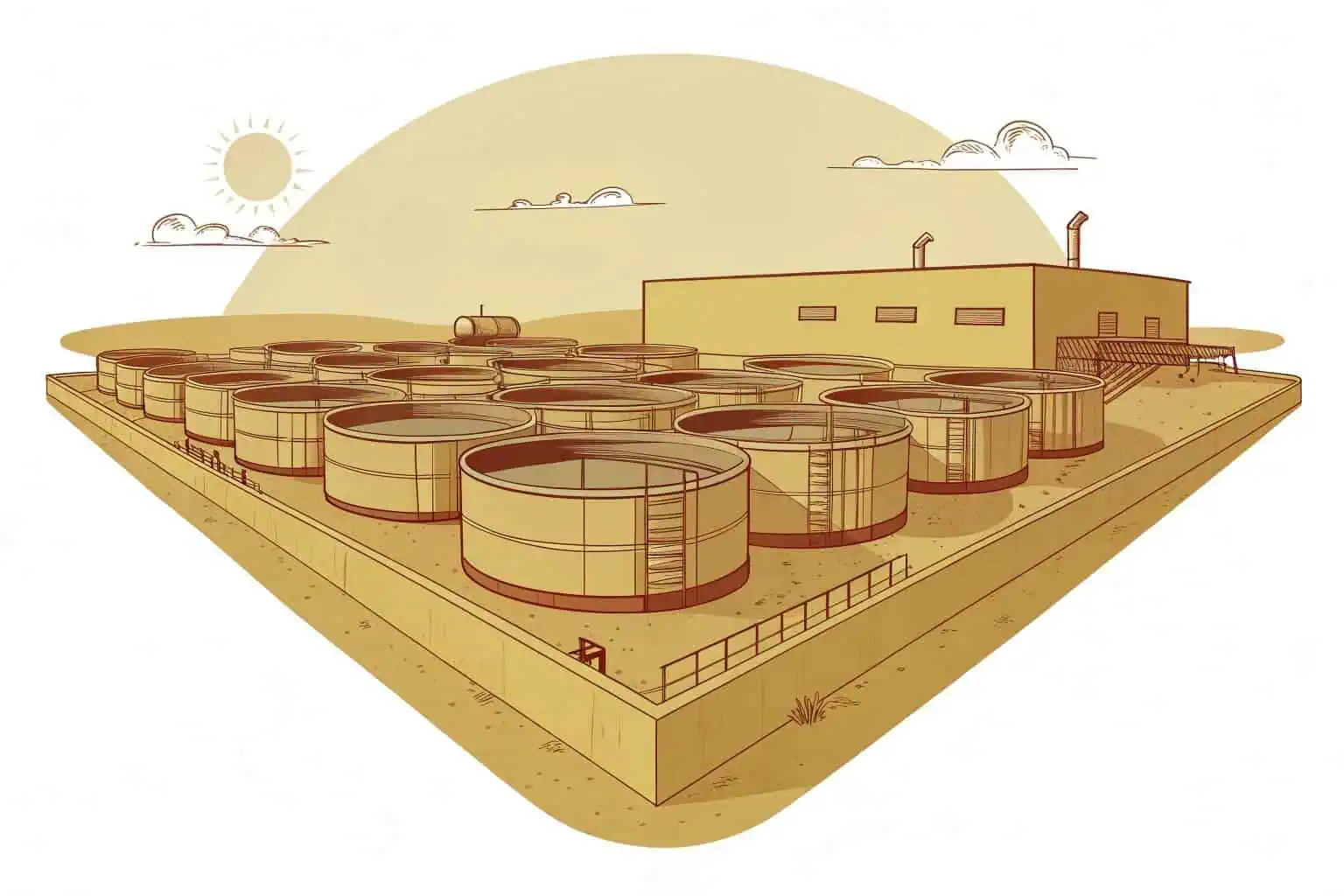An intensive fish farming setup with multiple tanks