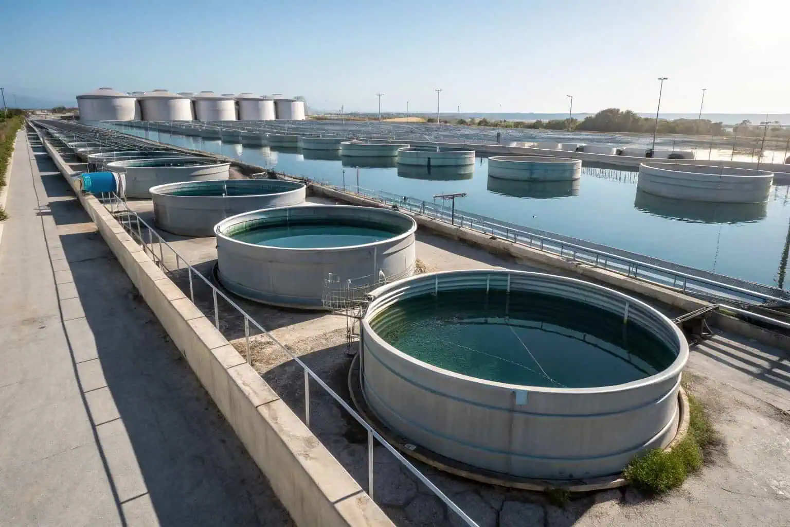 A modern aquaculture farm with rows of large fish tanks
