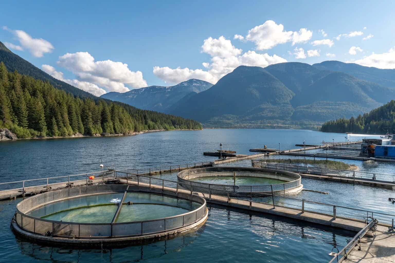 A fish farm in Canada with clear water and healthy fish