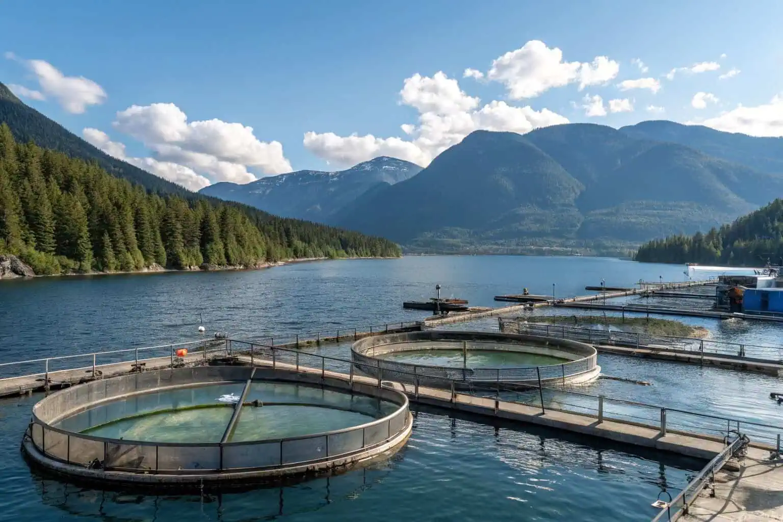 A fish farm in Canada with clear water and healthy fish