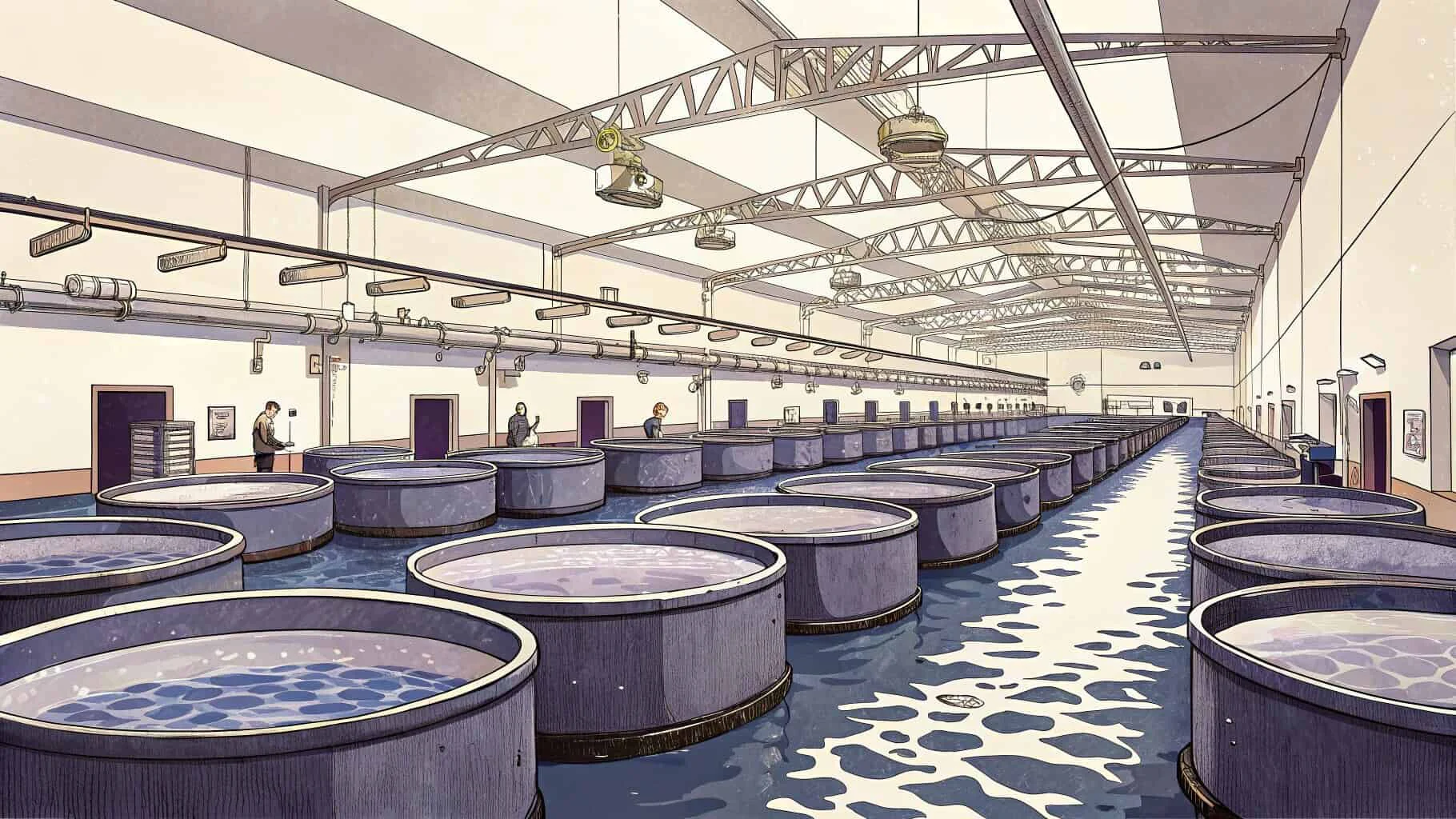A modern indoor aquaculture facility with rows of fish tanks
