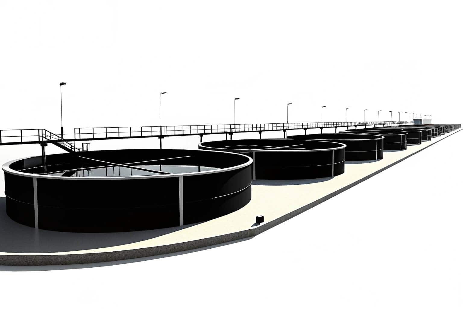 A series of circular aquaculture pens in the ocean