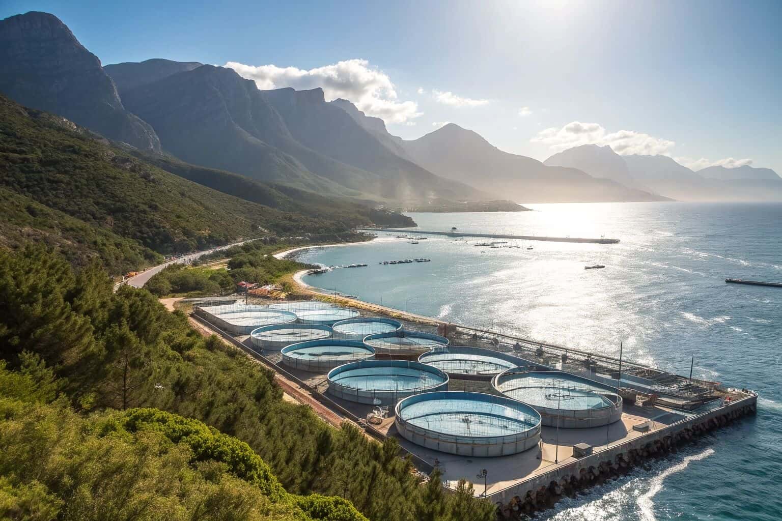 A large, clean fish farm with mountains in the background