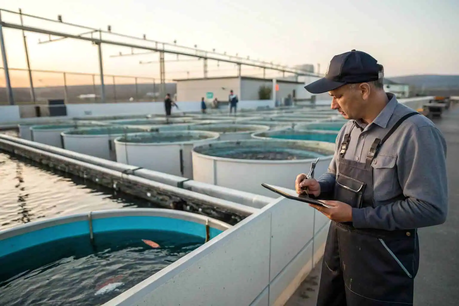 A fish farmer making notes next to a large fish tank