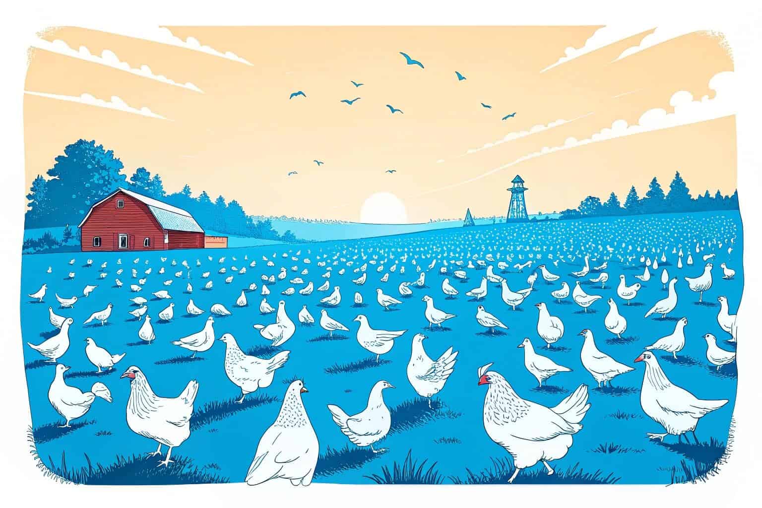 A large flock of chickens in a field, representing a farm-scale operation