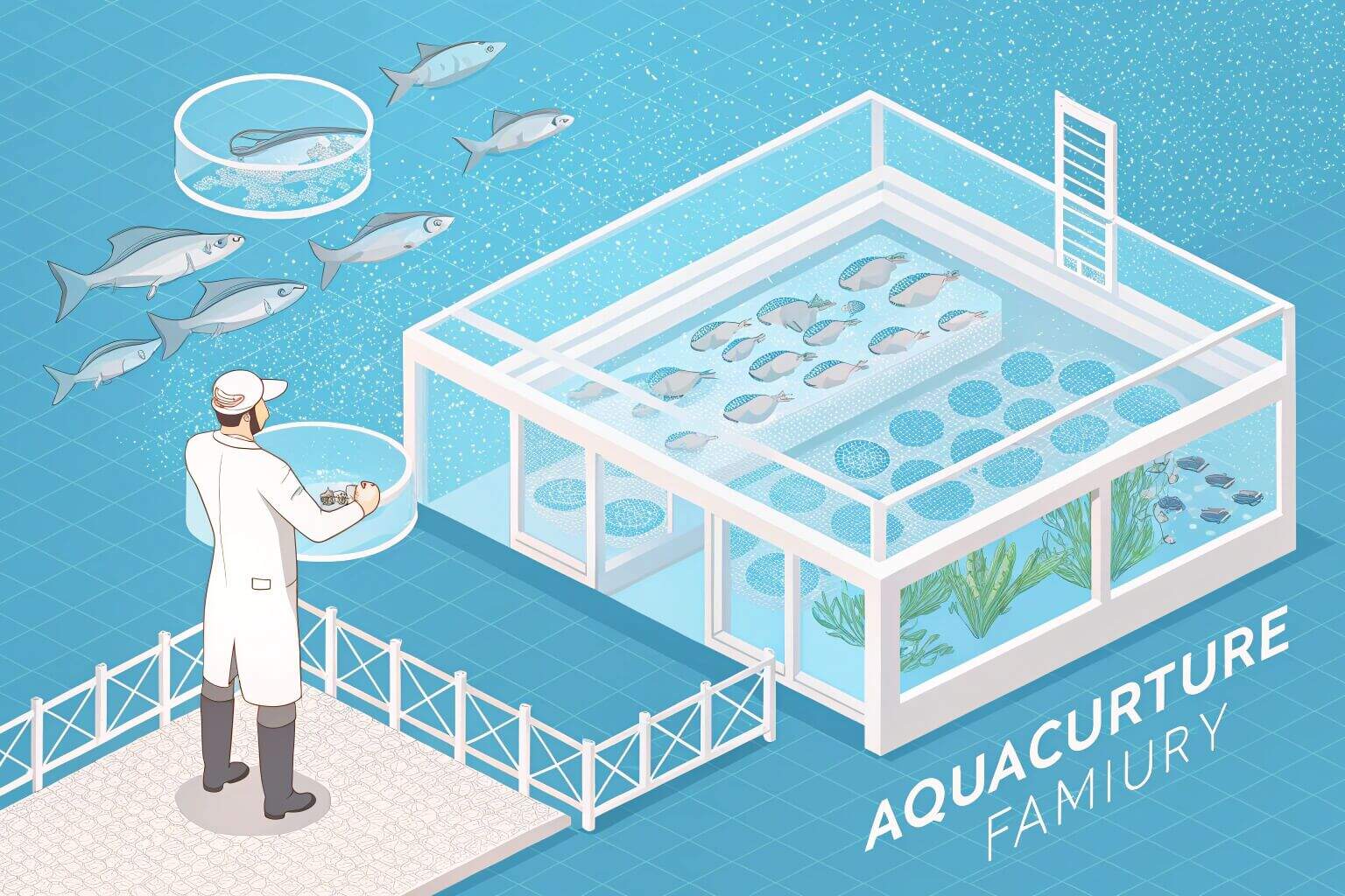 A fish farmer inspecting a tank with various fish