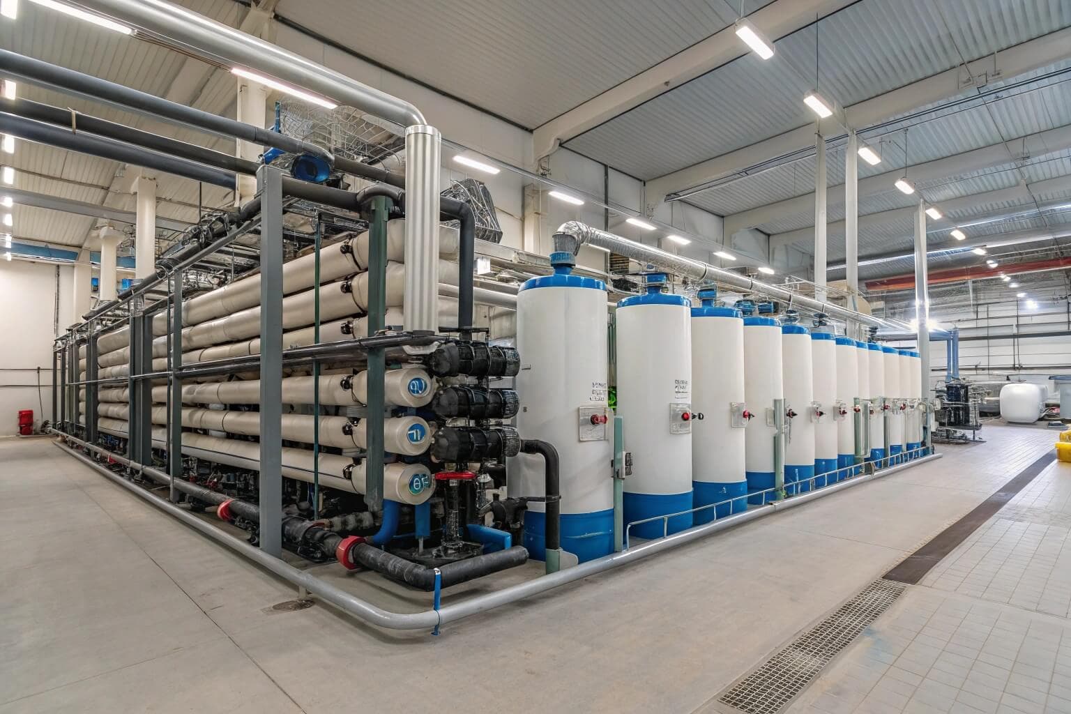 A large, complex water filtration system for an aquaculture facility