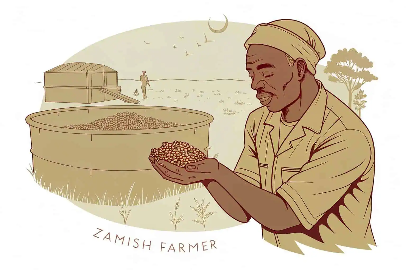 A fish farmer inspecting feed quality