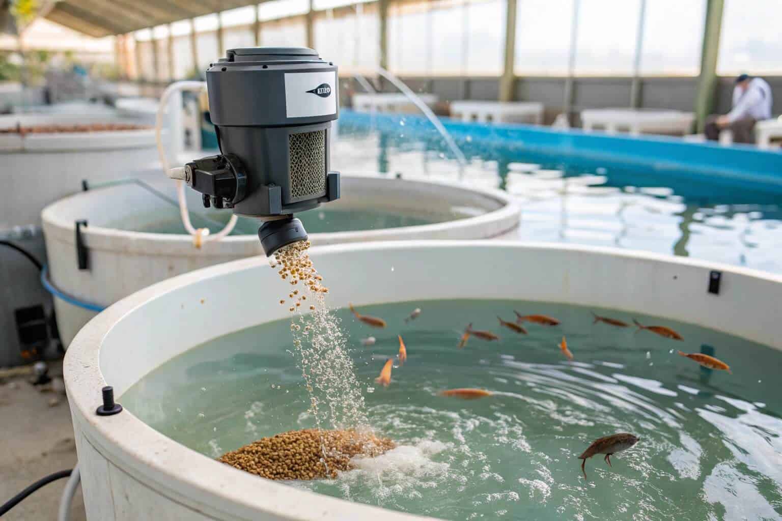 An automatic fish feeder in action over a pond