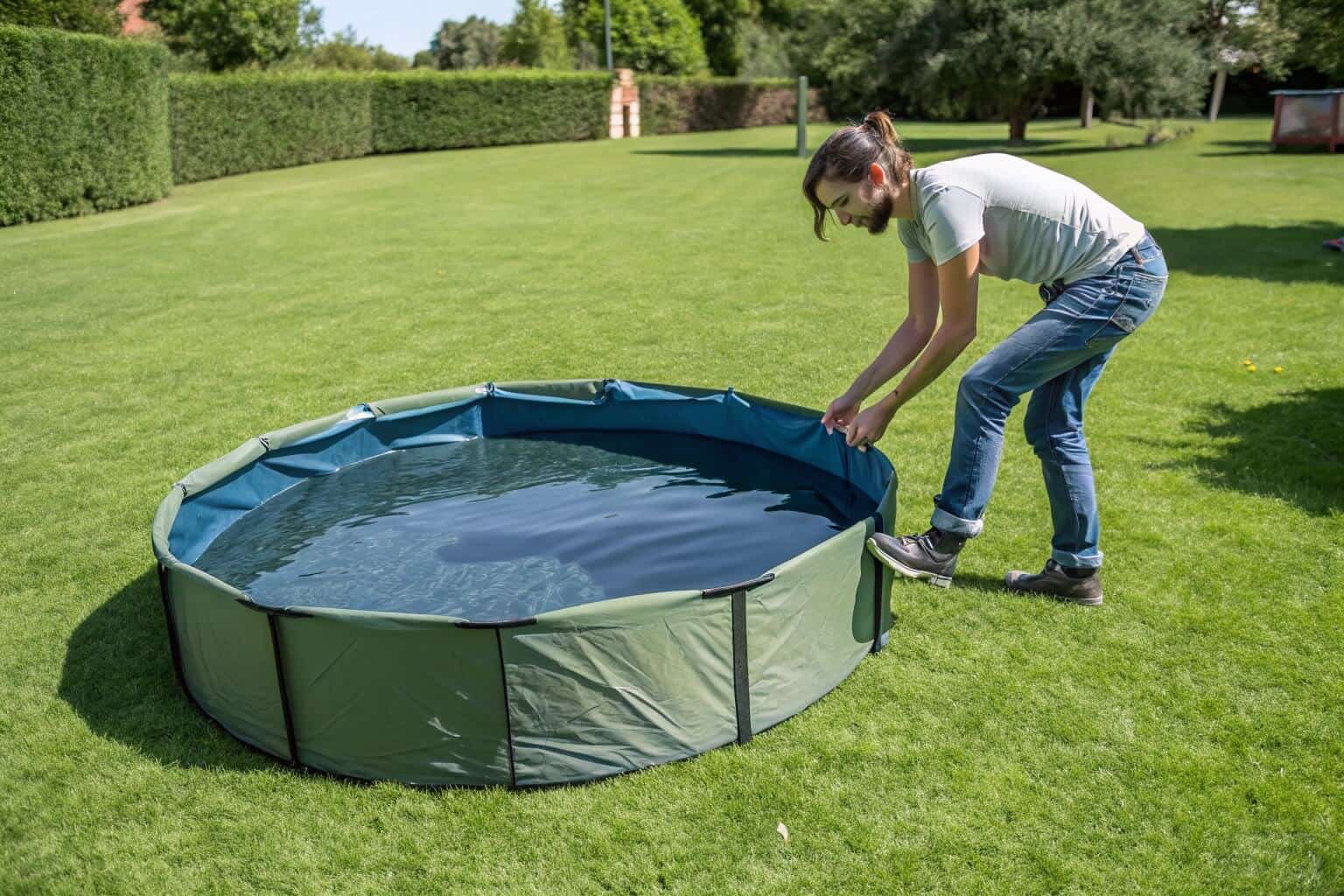 A person easily setting up a Bancy collapsible fish tank in their garden