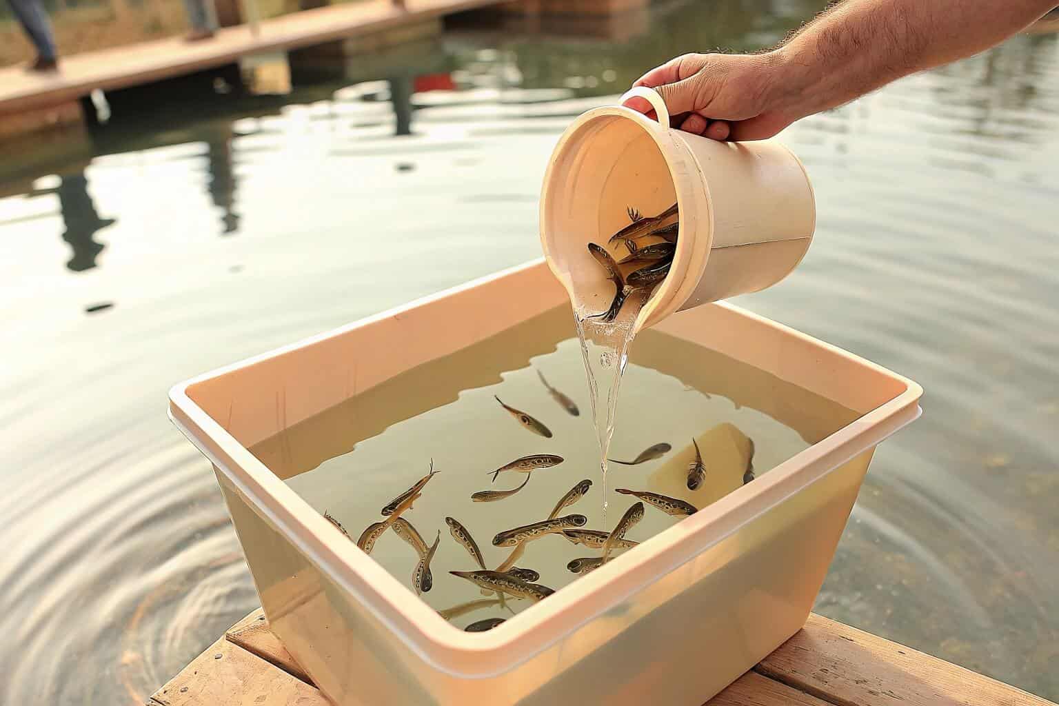 Fingerlings being released into a pond