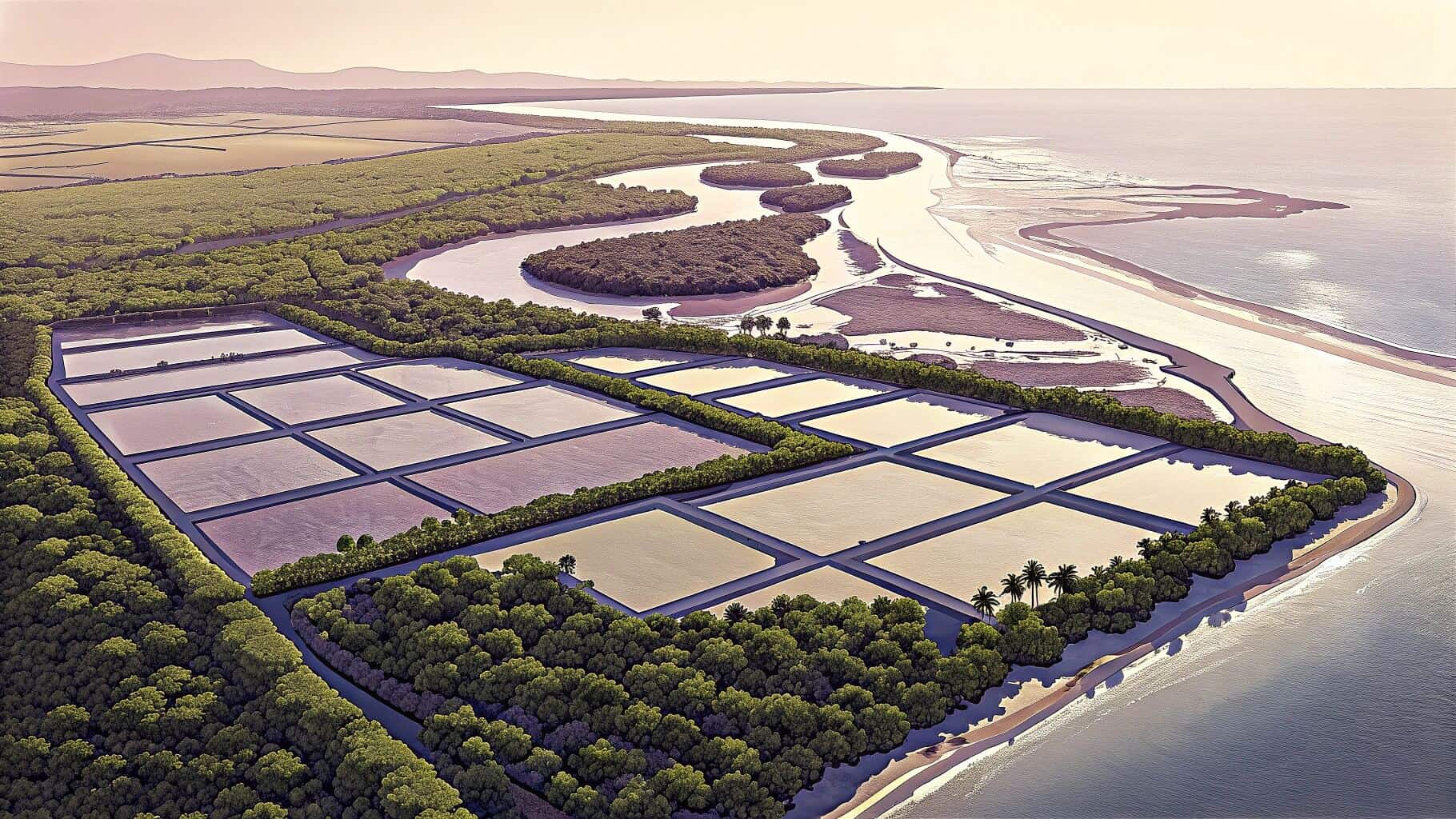 Shrimp ponds along a coastal area in Southeast Asia