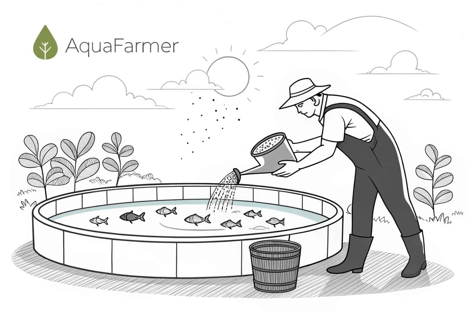 An aquafarmer feeding fish in a large outdoor pond