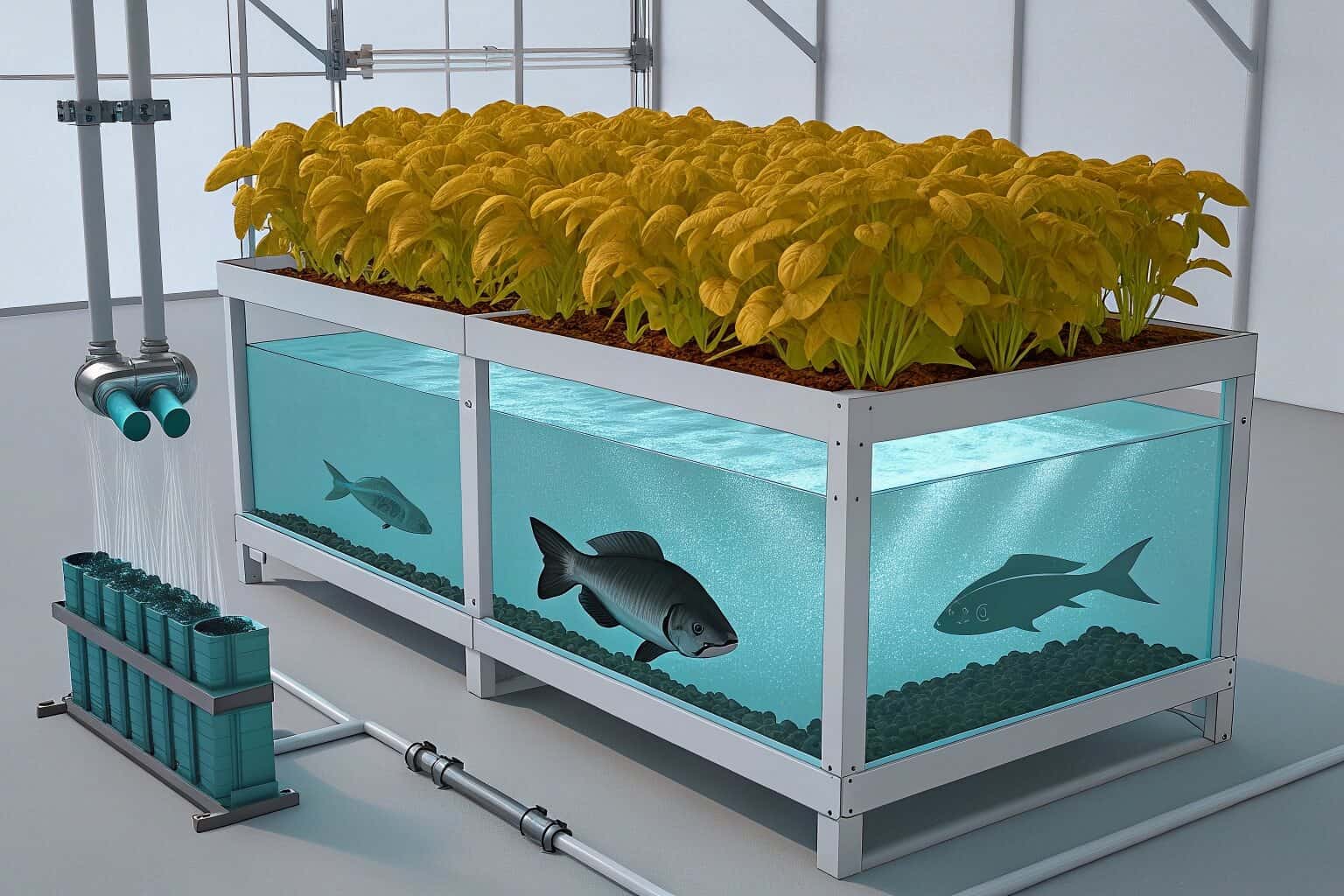 An aquaponics system with fish and plants in a container