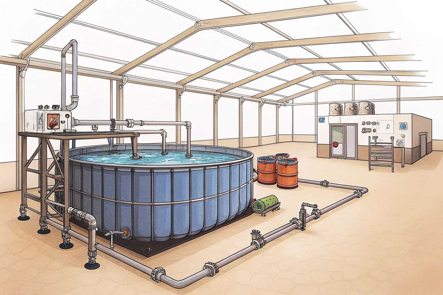 An indoor saltwater fish farming setup