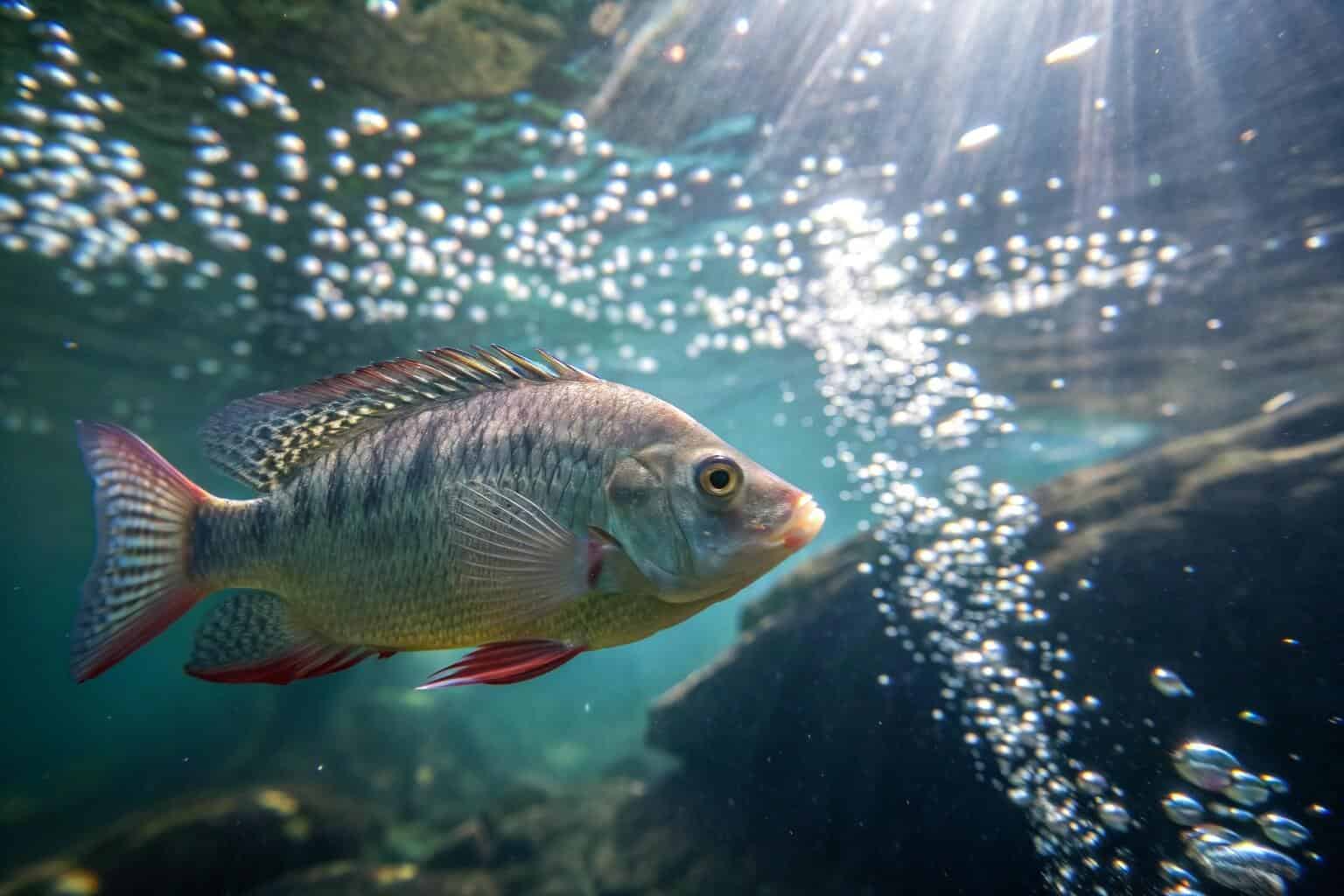 A close-up shot of Tilapia swimming in a tank