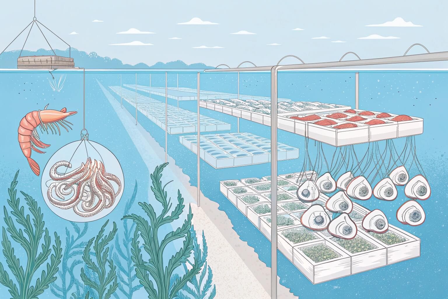 An underwater view of a farm with shrimp, oysters, and seaweed