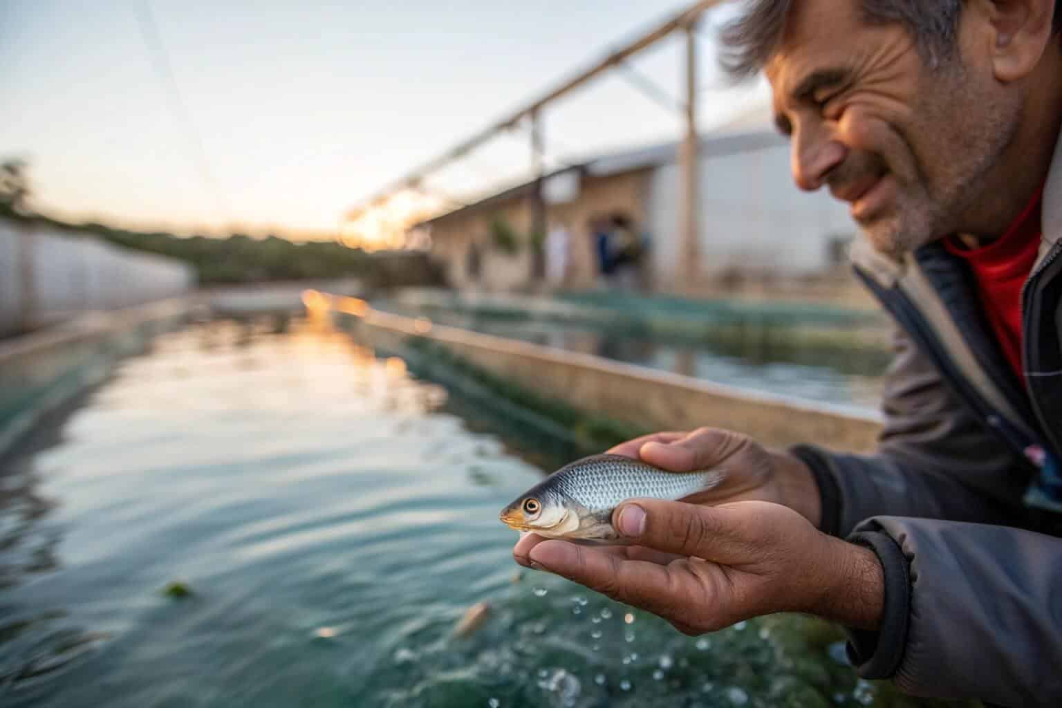 Two hands holding a small fish, with a fish farm in the background