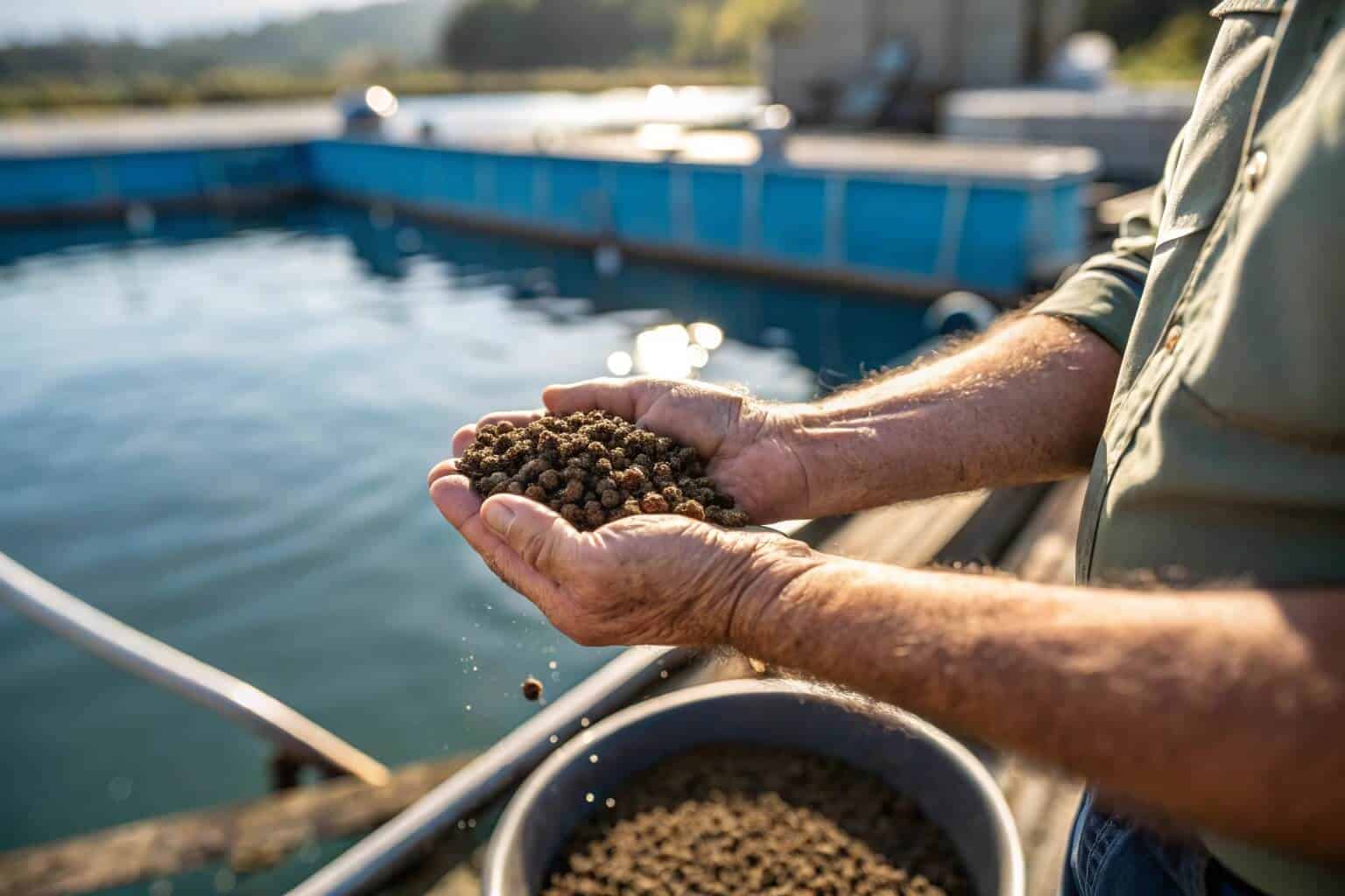 A farmer inspecting fish feed pellets