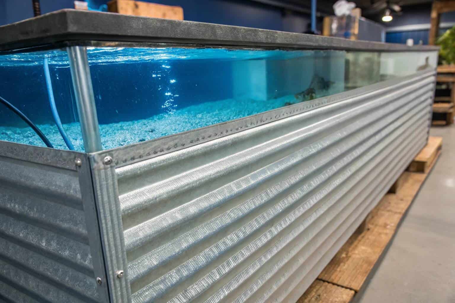 Close-up shot on the side of a fish tank, focusing on the texture of the galvanized steel and the clean water line.
