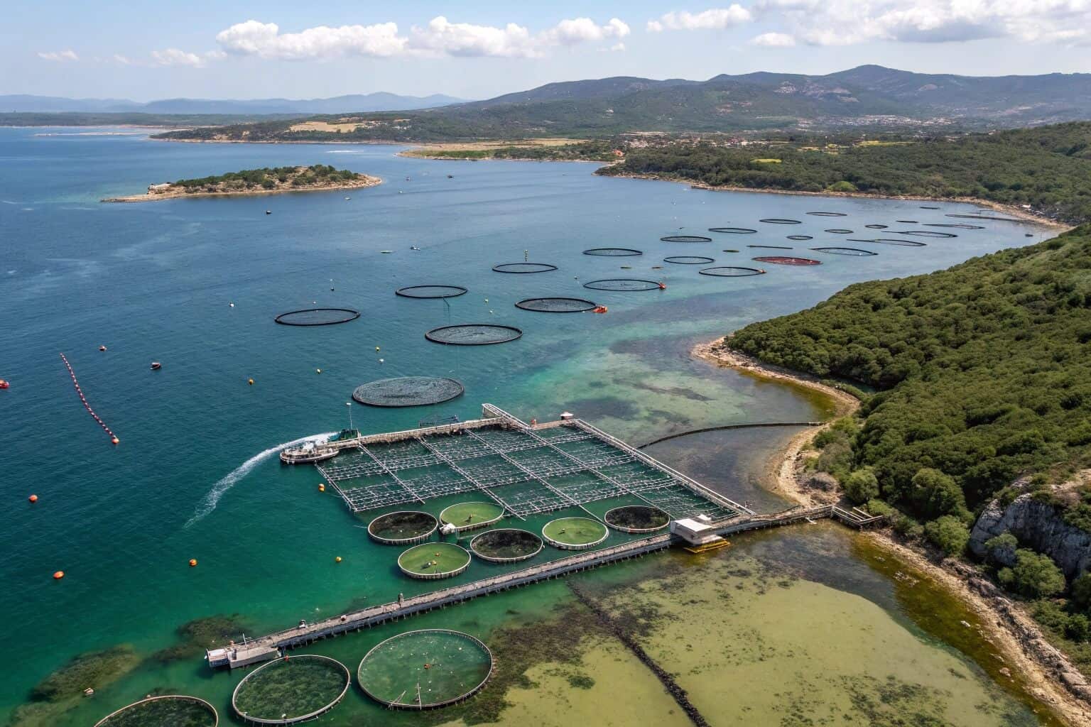 An image depicting murky water with algae blooms near an open-net fish farm.