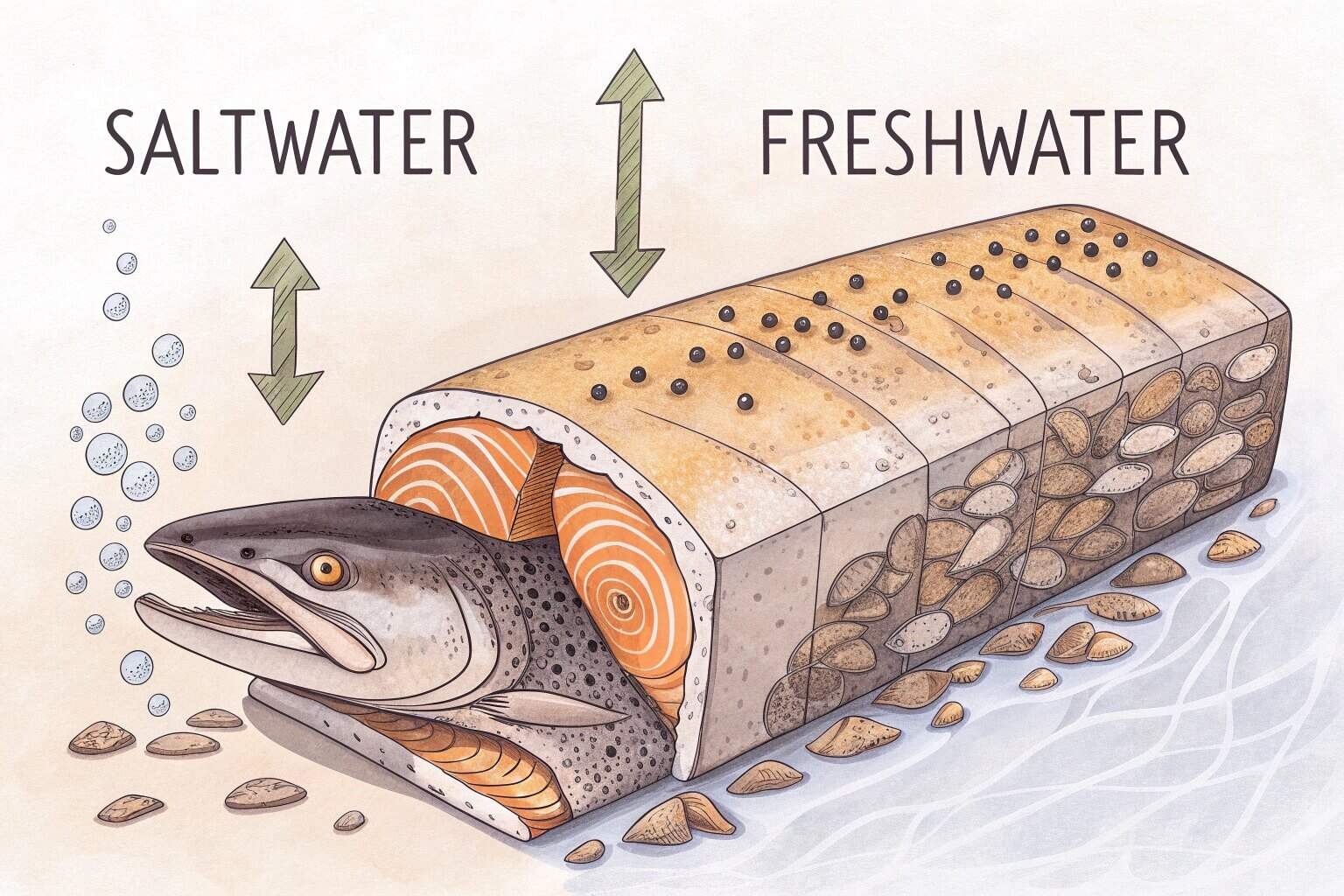 A diagram showing osmosis in fish cells