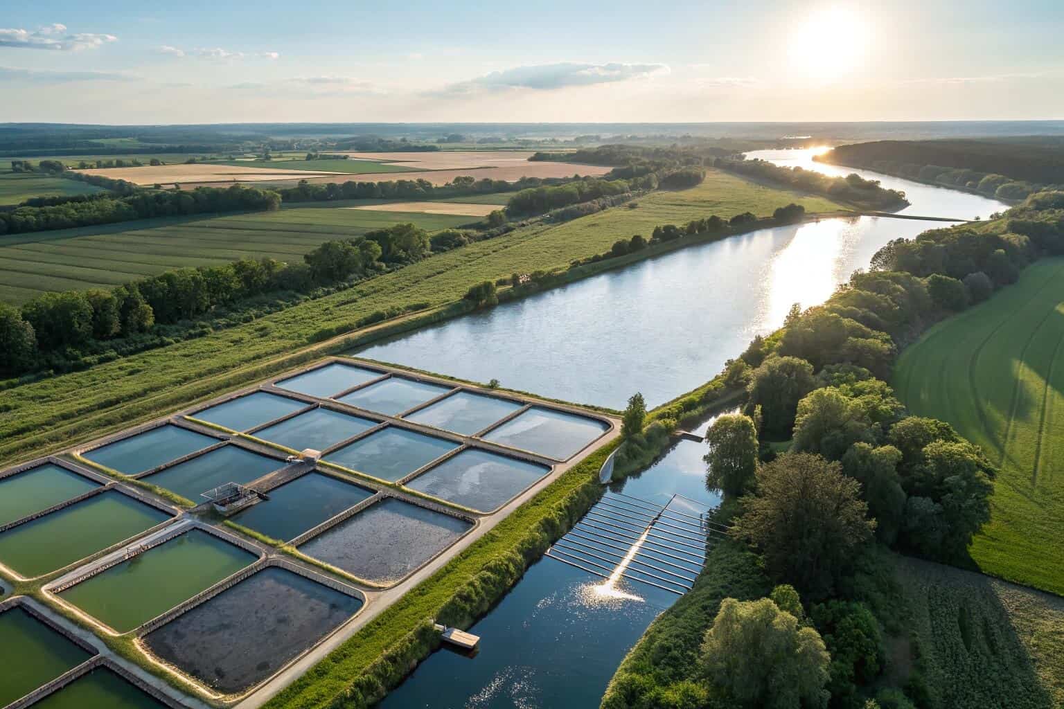 A view of multiple aquaculture ponds near a natural waterway