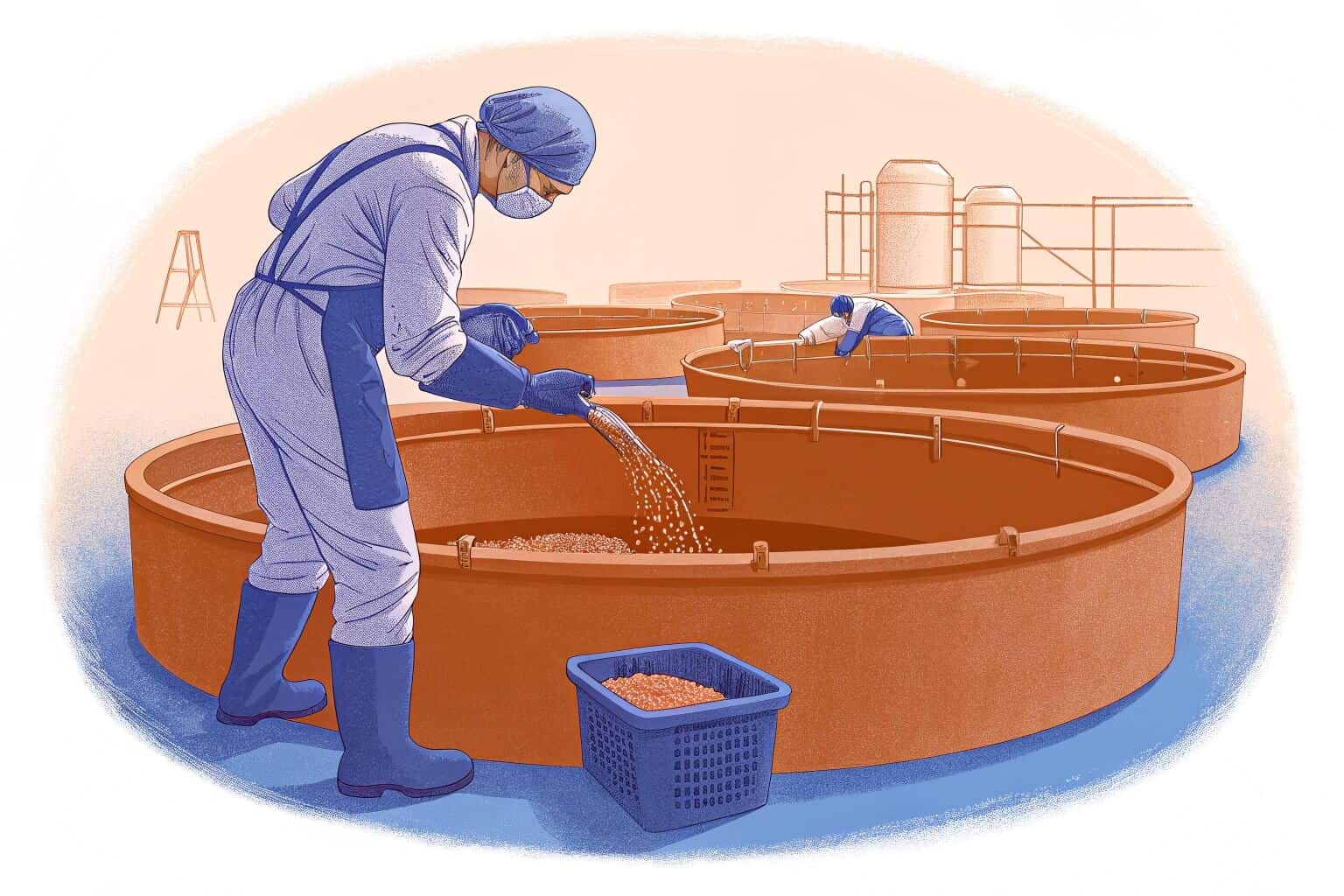 A worker feeding fish in a large aquaculture tank