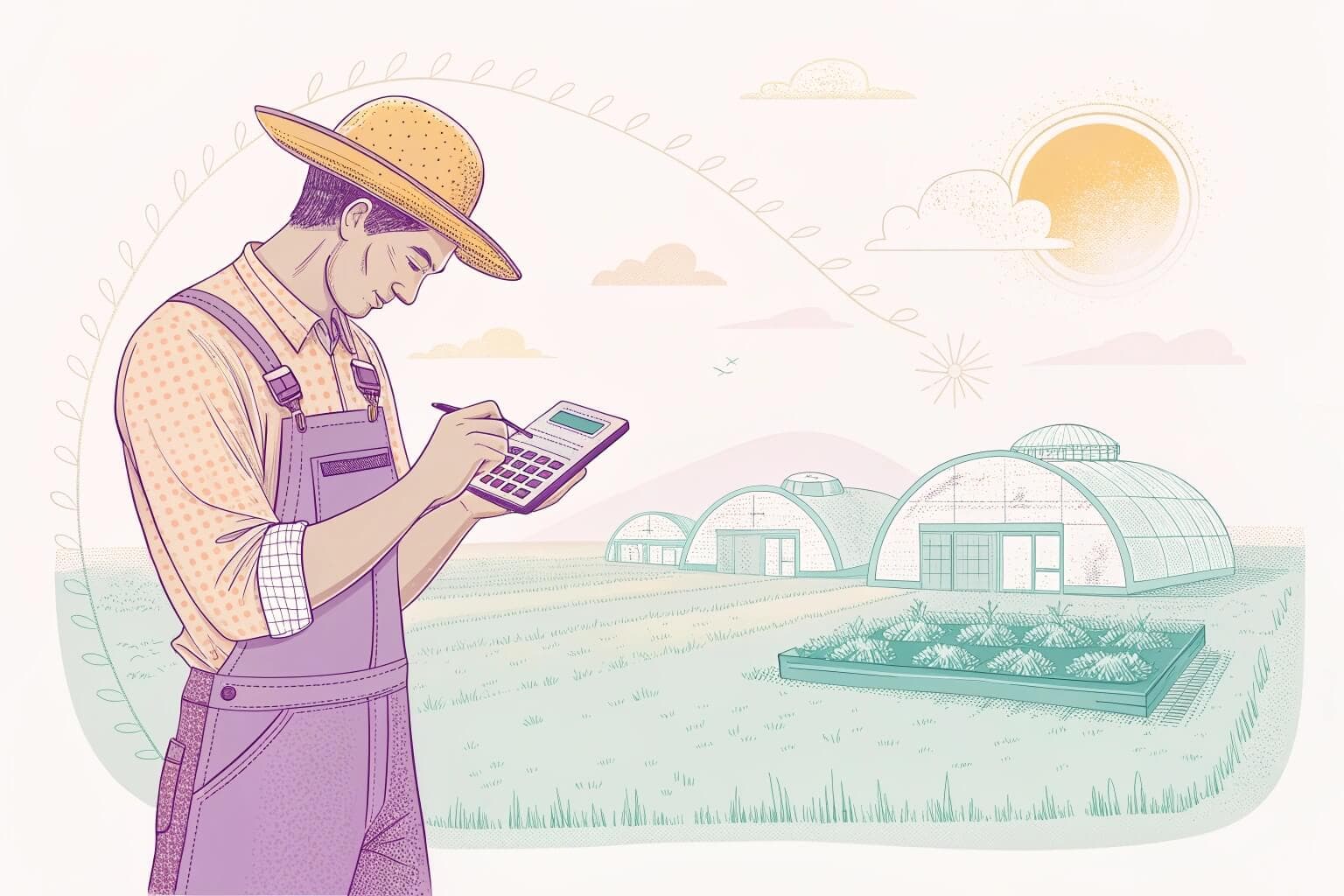 A person looking at a calculator with a fish farm in the background