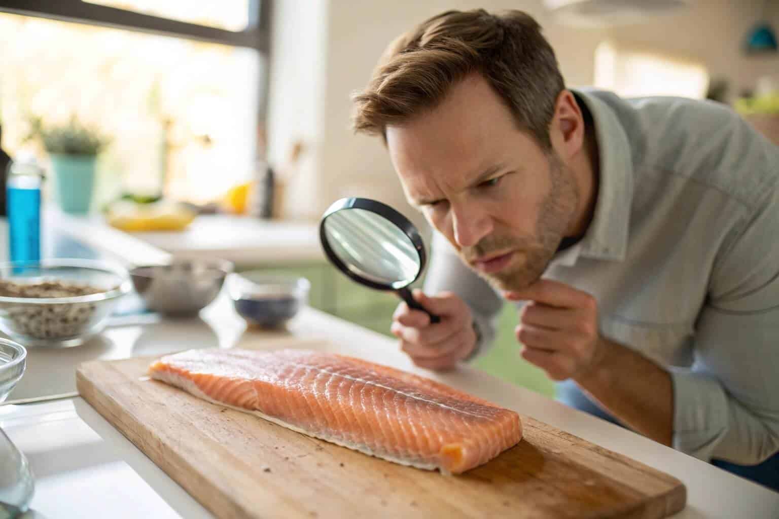 A person inspecting a fish fillet with a magnifying glass, looking concerned.
