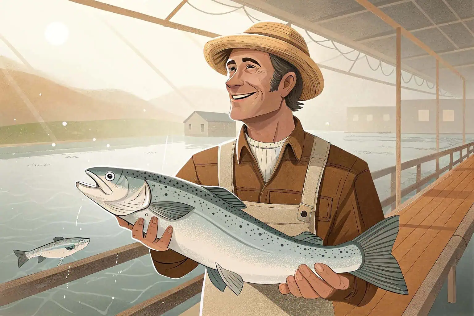 A fish farmer smiling while holding a freshly harvested fish