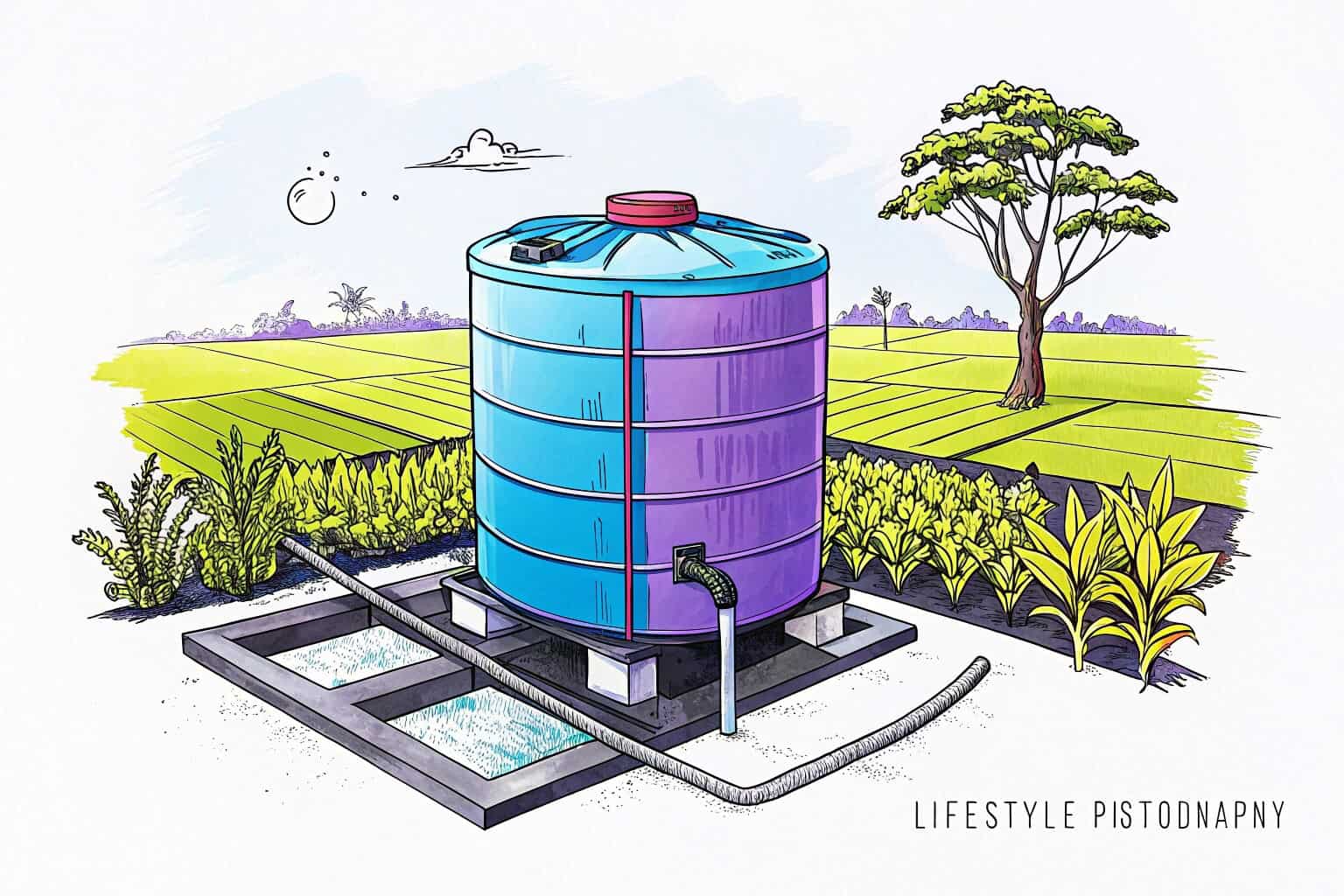 A large collapsible water tank collecting rainwater on a farm