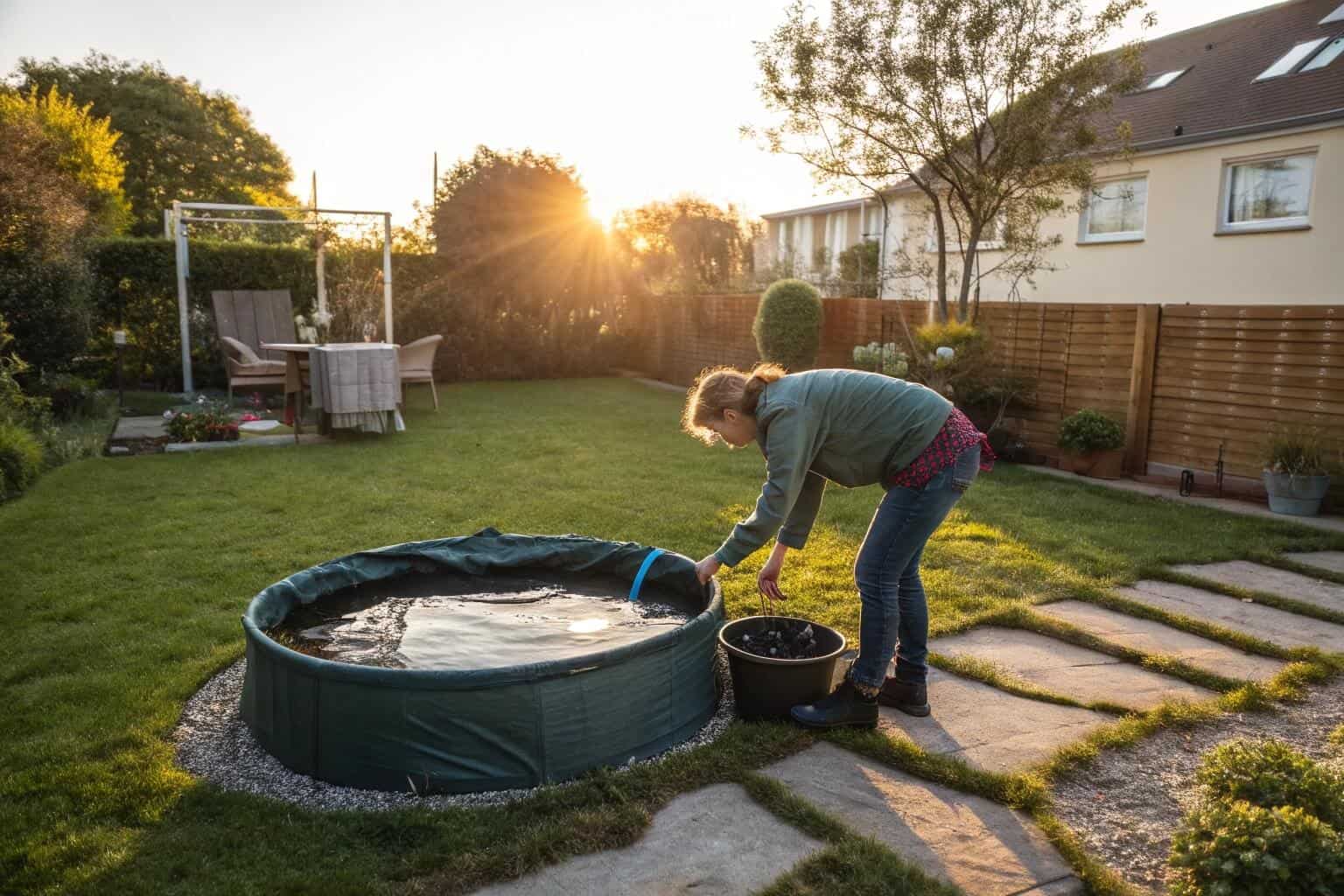 A person setting up a small collapsible fish tank in their backyard