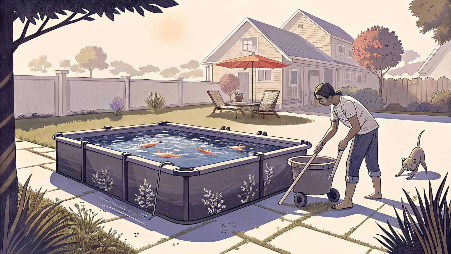 A collapsible frame fish tank set up in a backyard