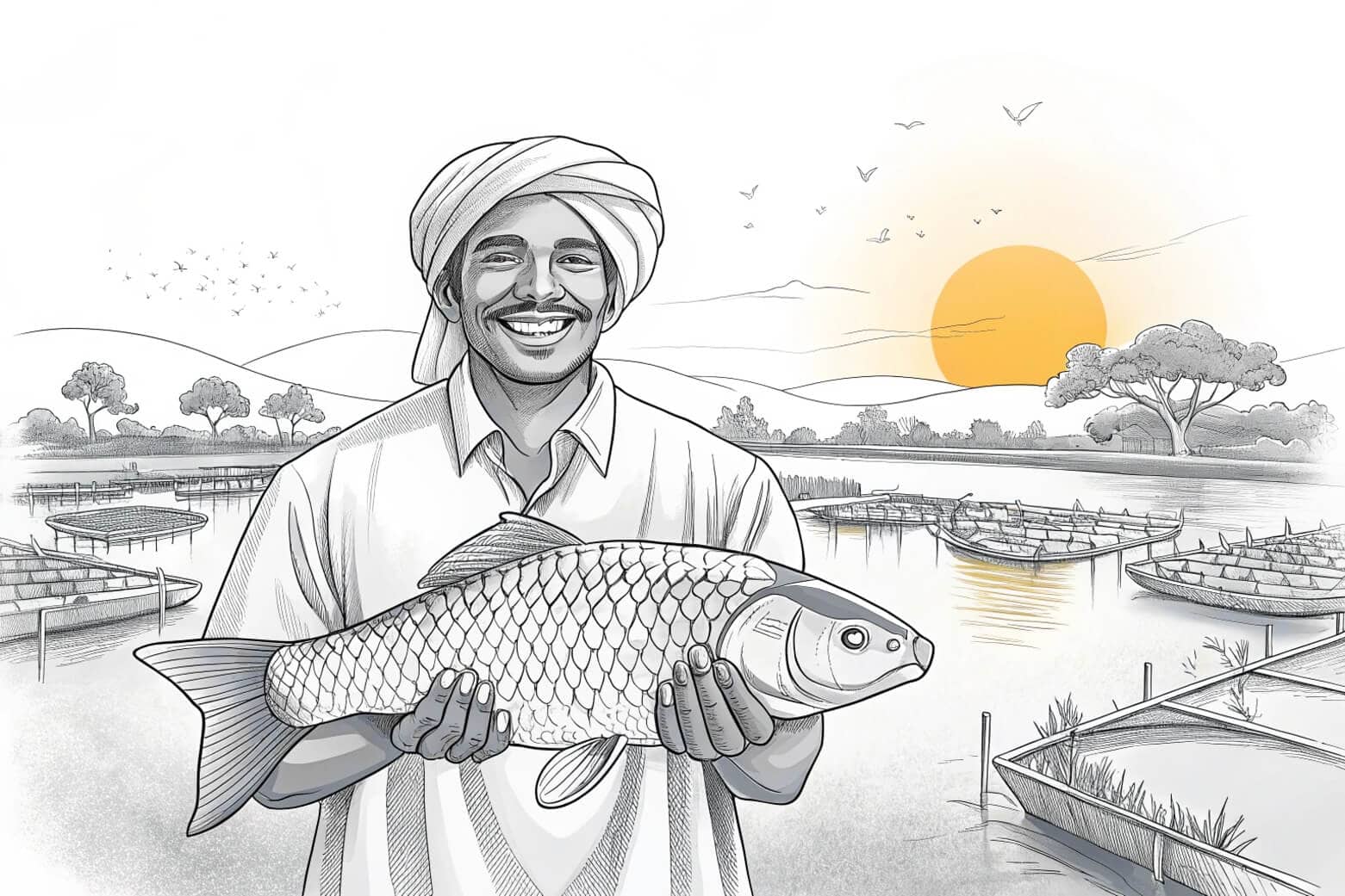 A farmer smiling while holding a large fish from his farm