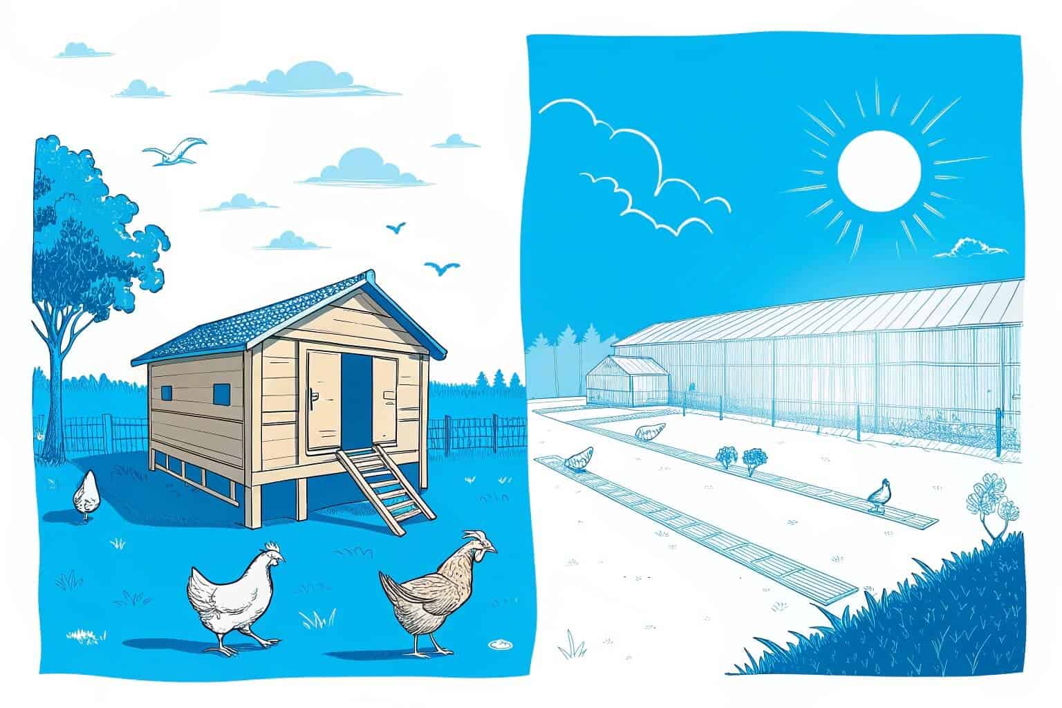 A simple backyard chicken coop versus a large commercial poultry house
